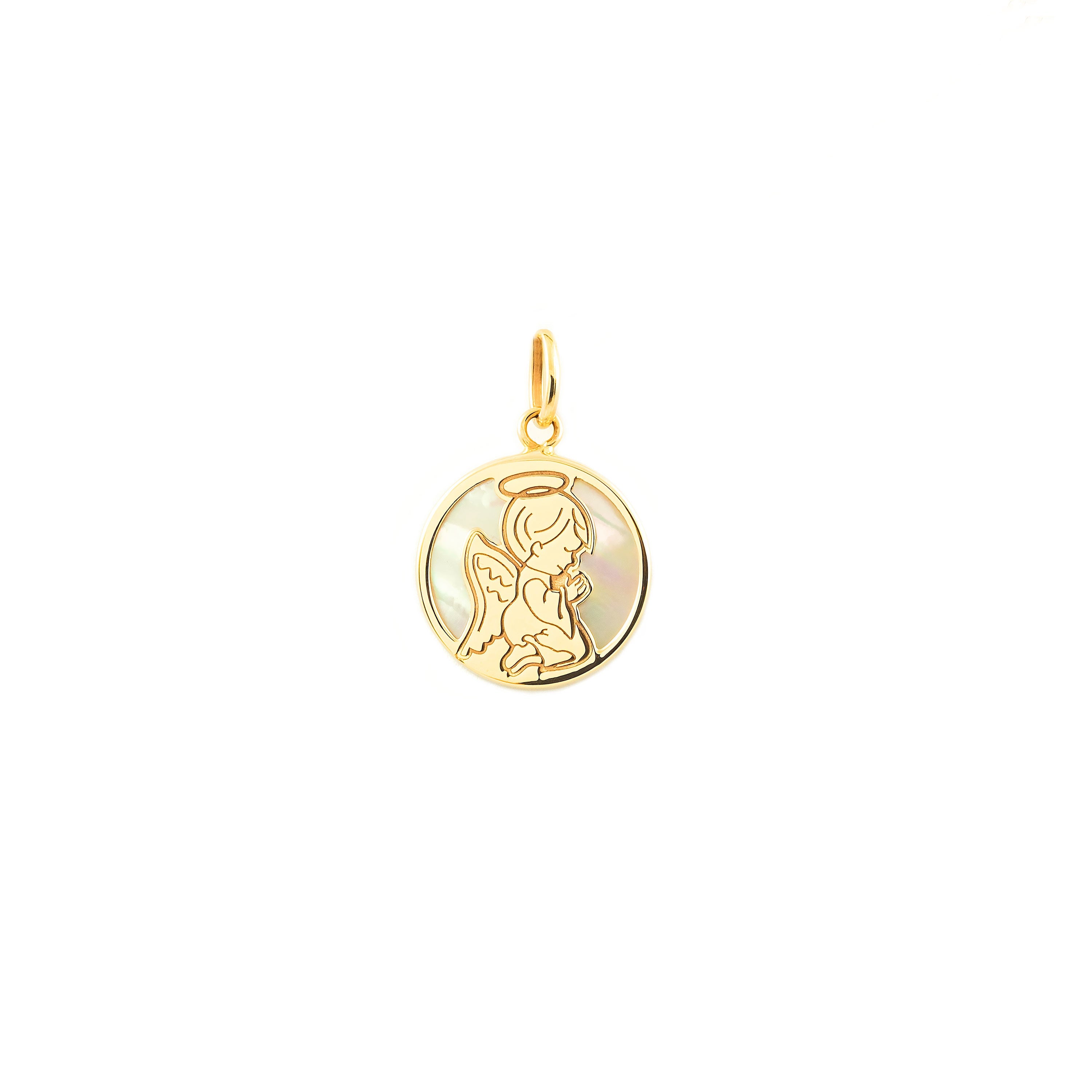 9K Yellow Gold Pendant Personalized Round Angel Mother of Pearl Shine