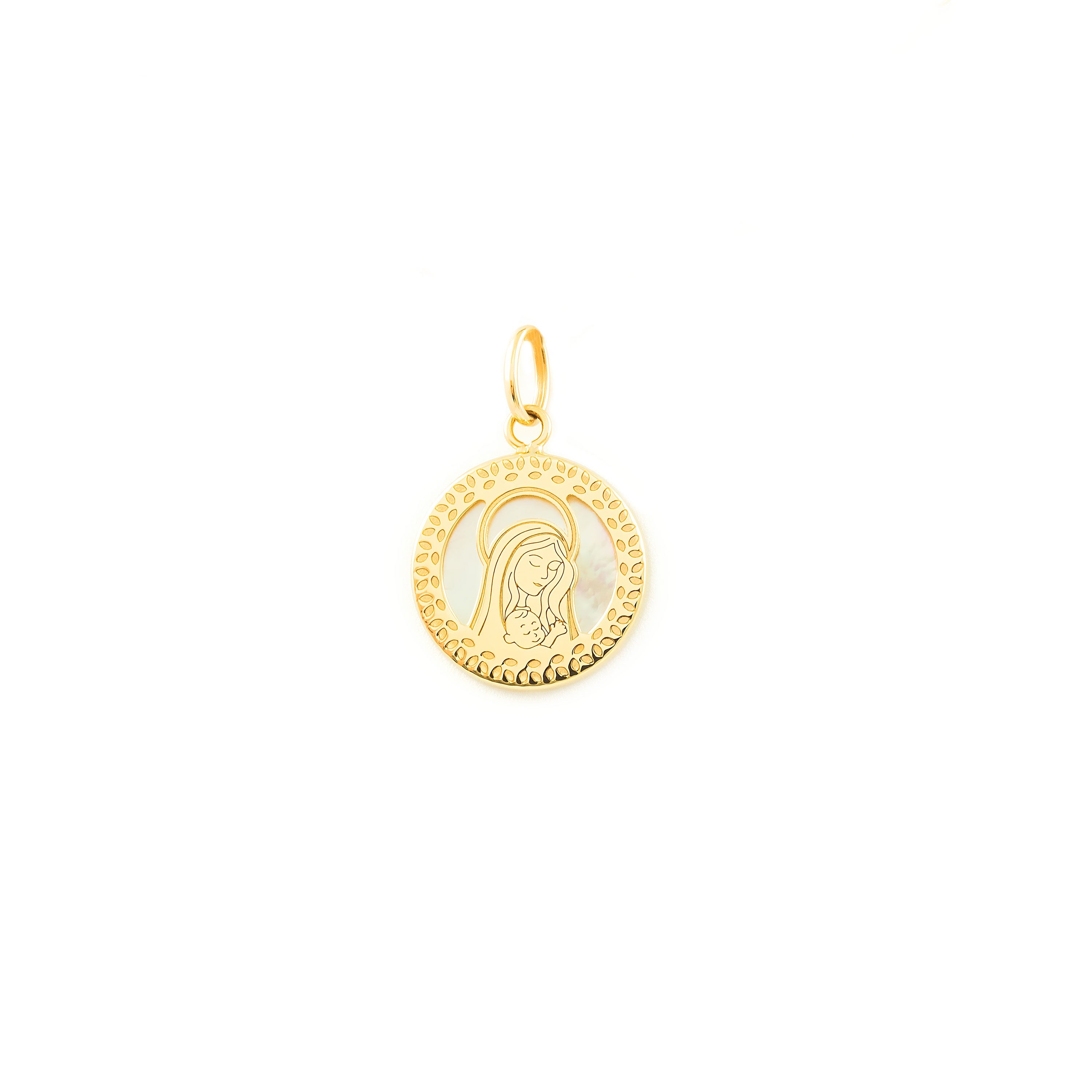 9K Yellow Gold Pendant Personalized Round Virgin Girl Mother of Pearl Shine