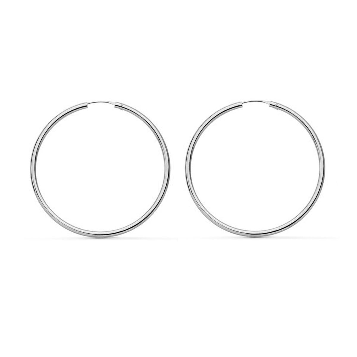 18K White Gold Earrings Shiny Flexible Round Hoops 35 x 1.5 mm