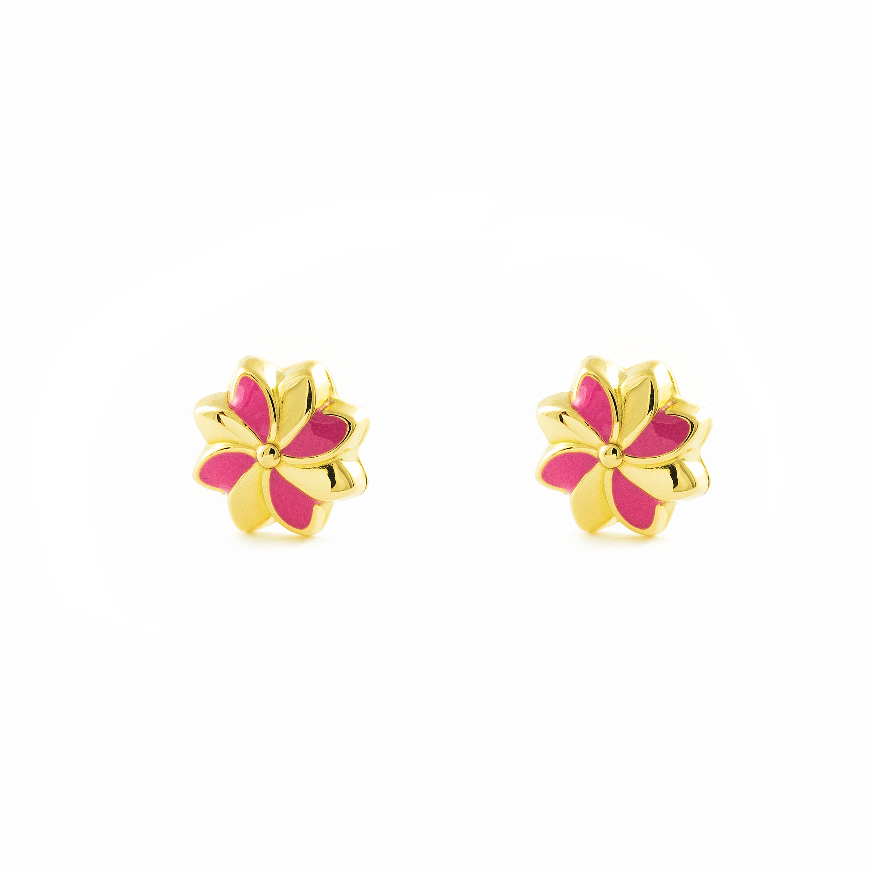 Girl's Earrings 18K Yellow Gold Shiny Pink Enamel Flower