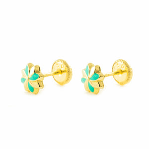 Pendientes oro amarillo niña Flor Esmaltada Verde      