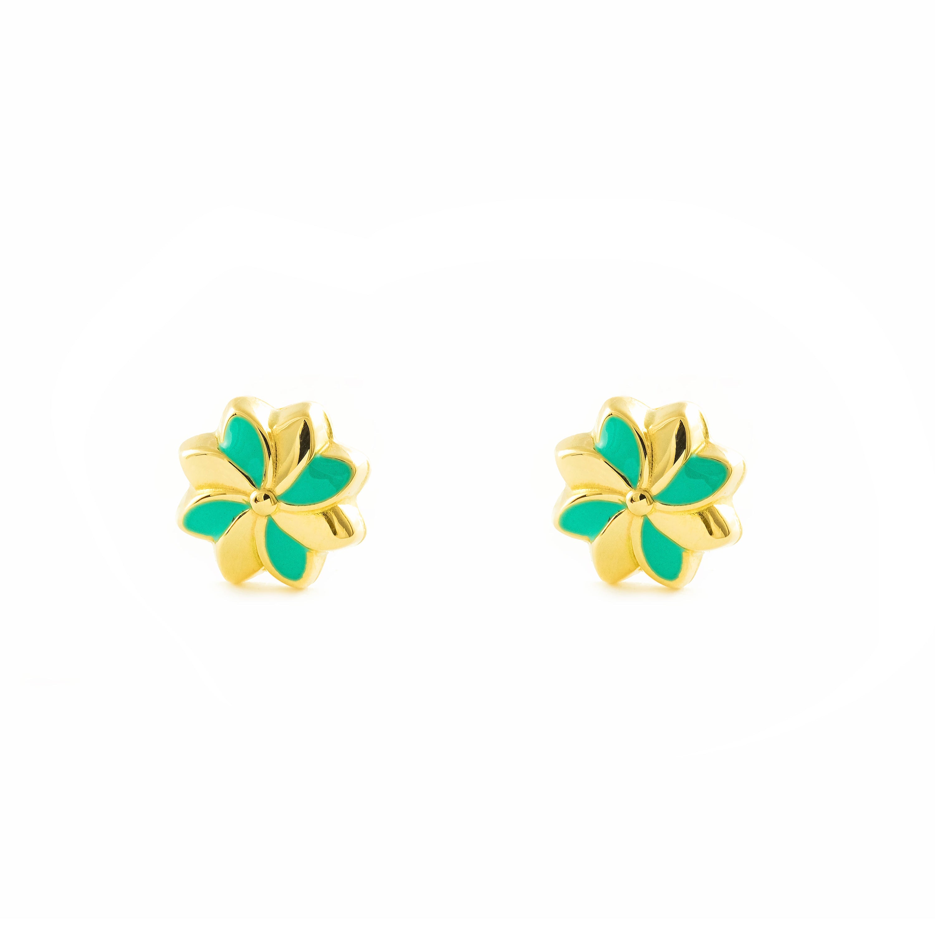 Girl's Earrings 9K Yellow Gold Shiny Green Enamel Flower