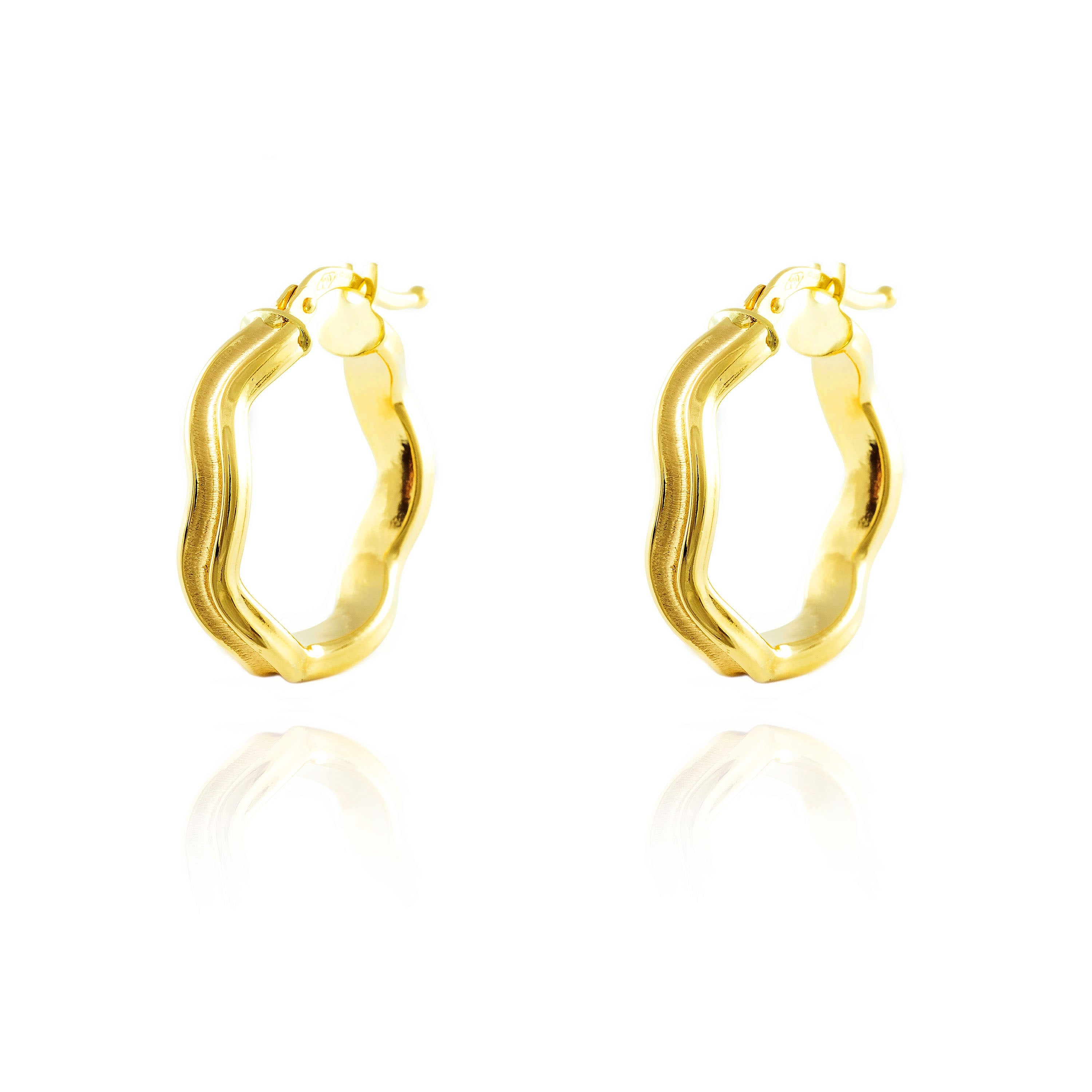 18K Yellow Gold Earrings Matte and Shiny Wave Hoops 20 x 3 mm