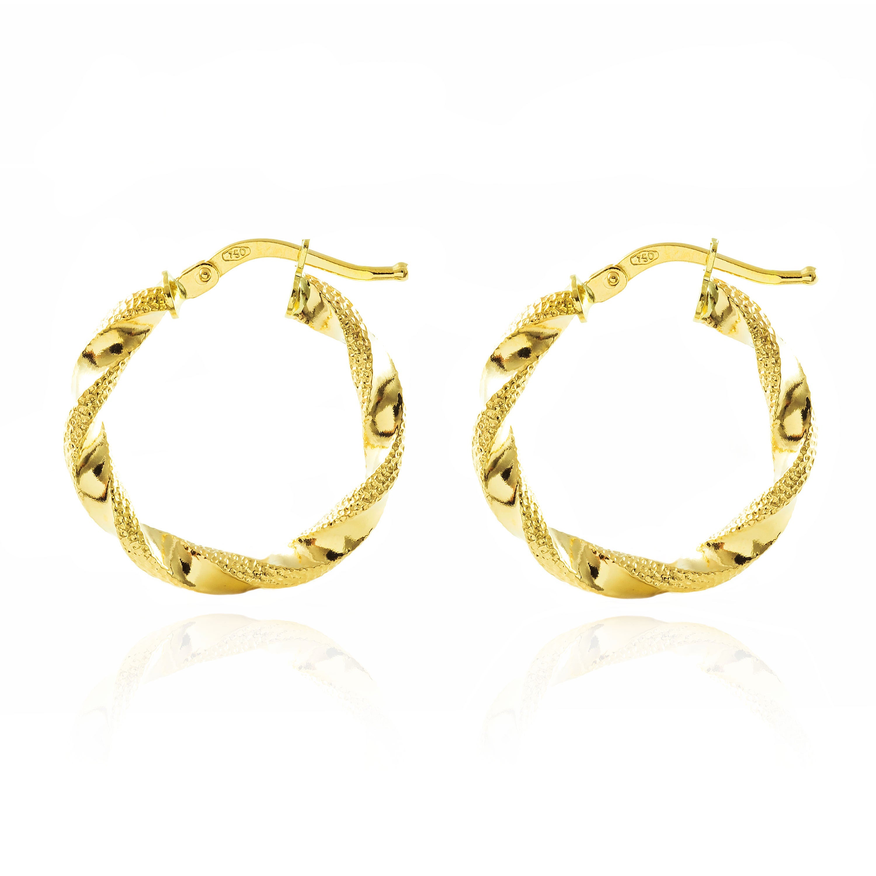 18K Yellow Gold Earrings Relied Hoops Shine and Texture 26 x 3 mm