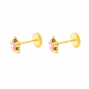 Pendientes oro amarillo niña Flor Esmaltada Rosa