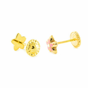 Pendientes oro amarillo niña Flor Esmaltada Rosa