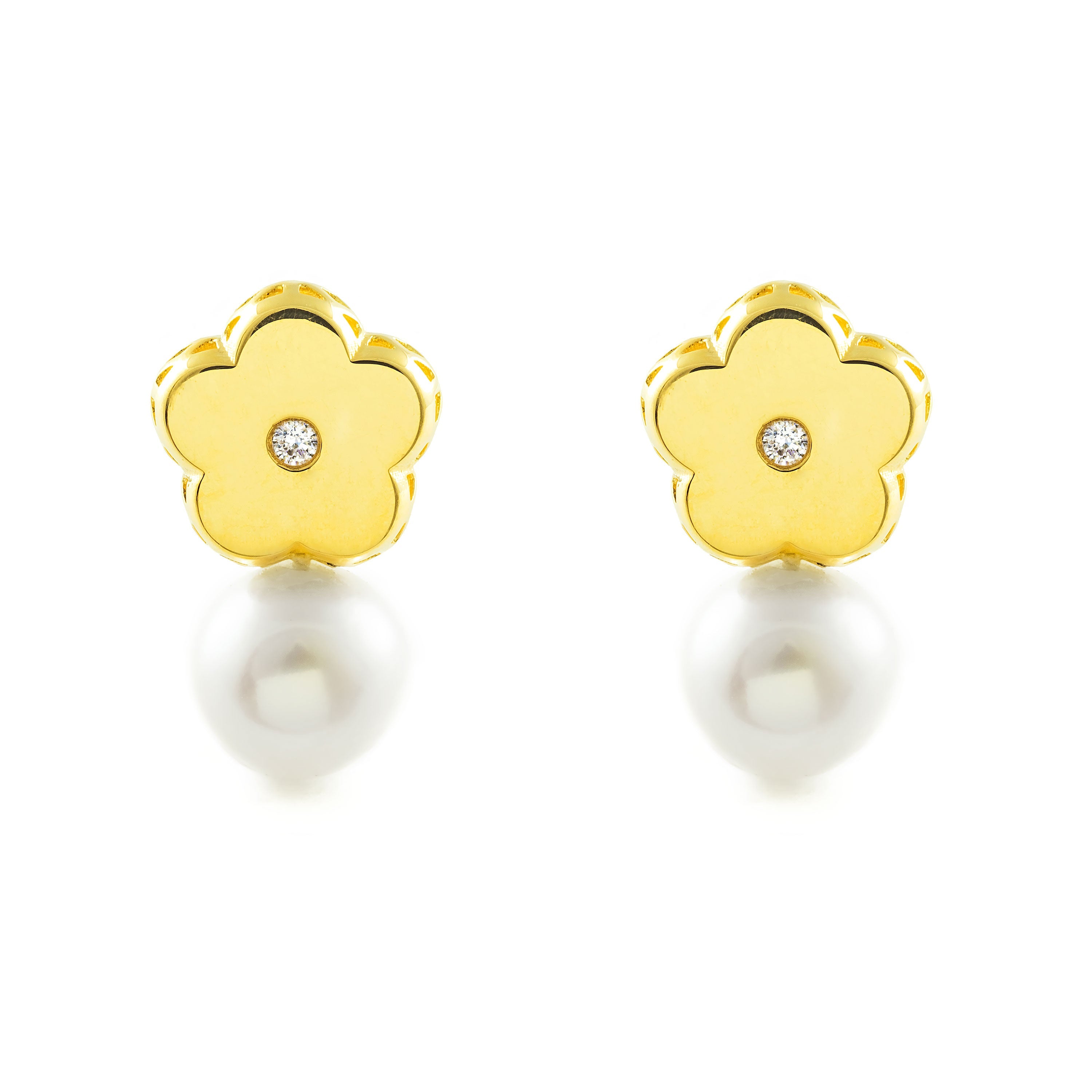 Woman-Girl Earrings 18K Yellow Gold You and Me Round Pearl 6 mm Shiny Zirconia Flower
