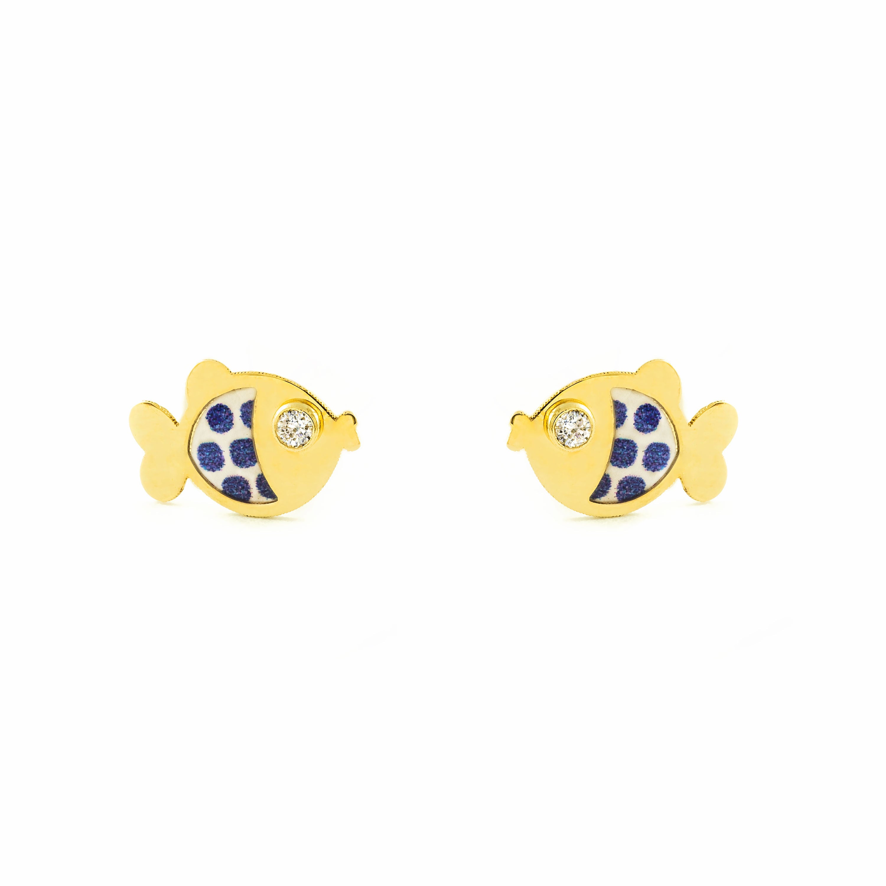 Pendientes Bebe-Niña Oro Amarillo 9K Pez Esmalte Azul Circonita Brillo