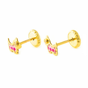 Pendientes Oro Bebe perro esmalte lunares rosa y circón (9kts)