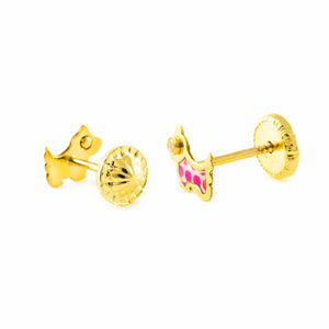 Pendientes Oro Bebe perro esmalte lunares rosa y circón (9kts)