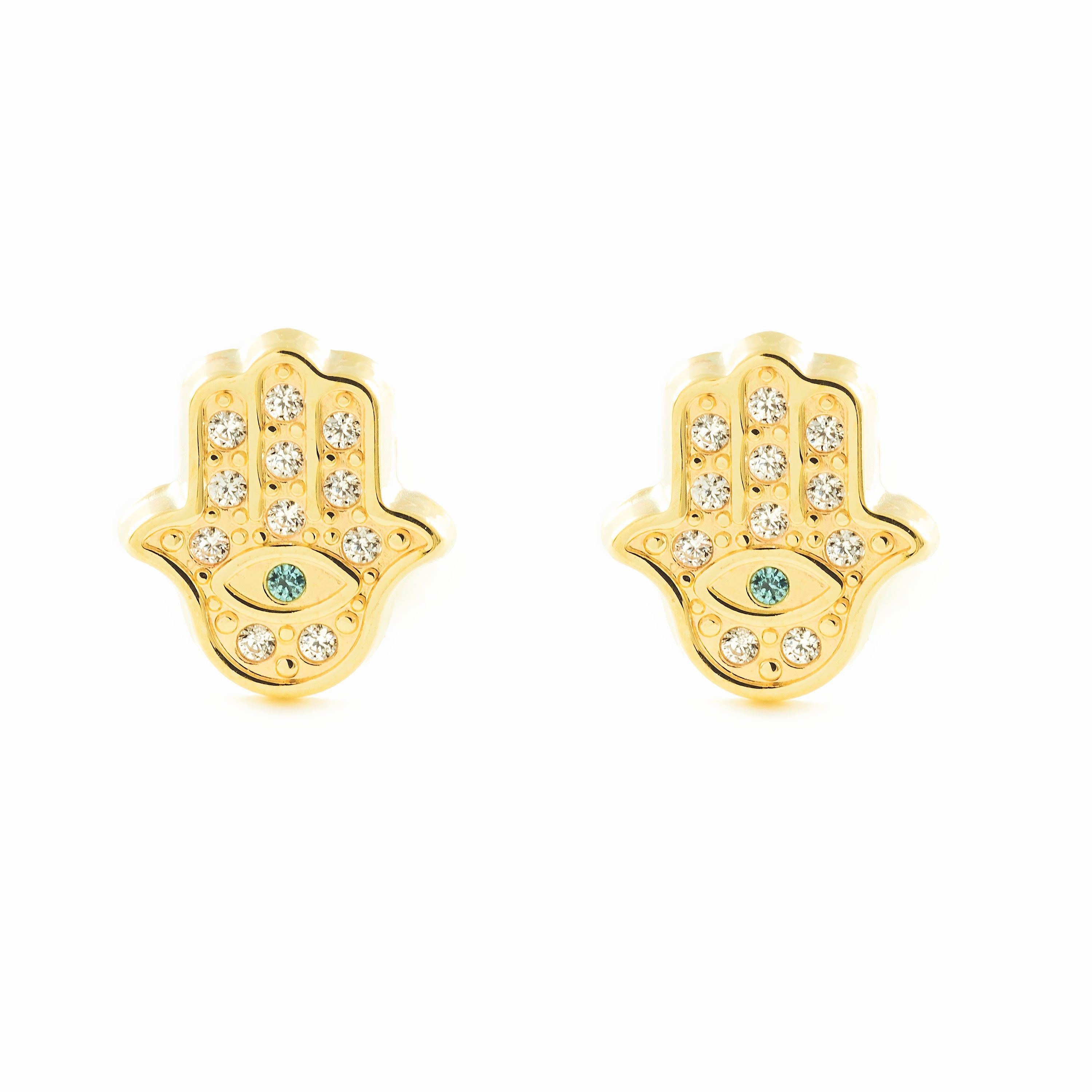 Women's-Girl's Earrings 9K Yellow Gold Hand Fatima Shiny Zirconia