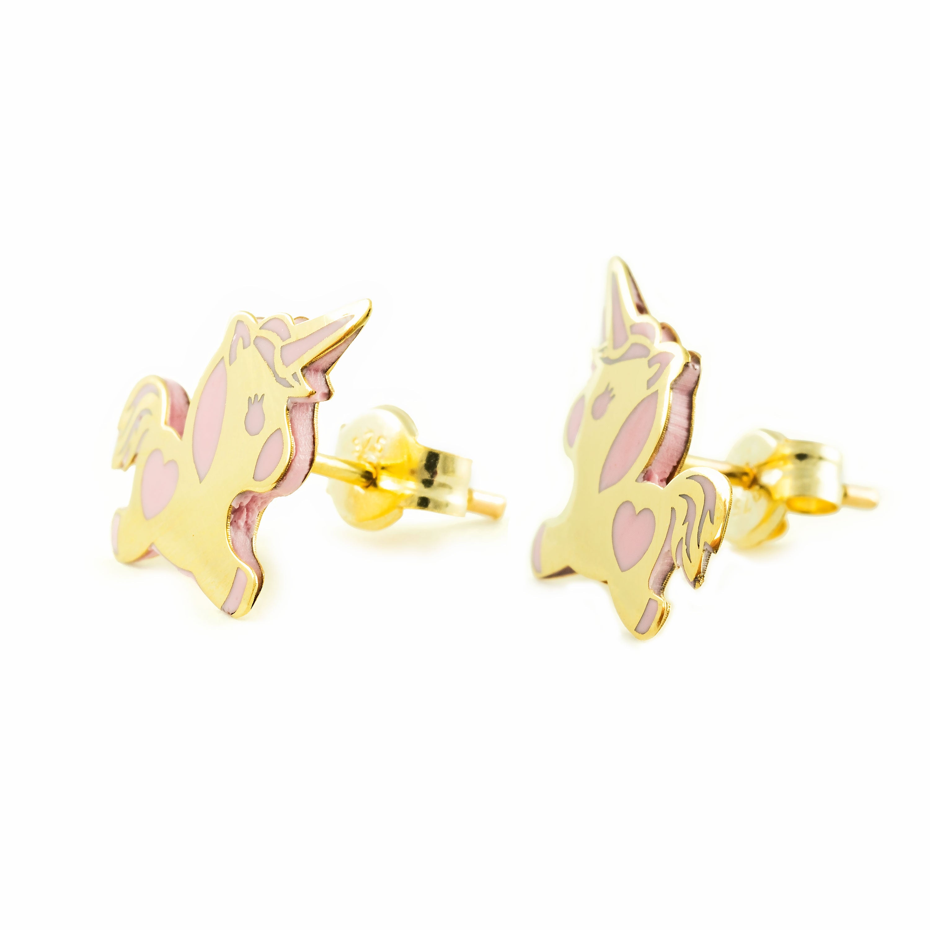 Pendientes Niña oro Unicornio Esmalte rosa corazón