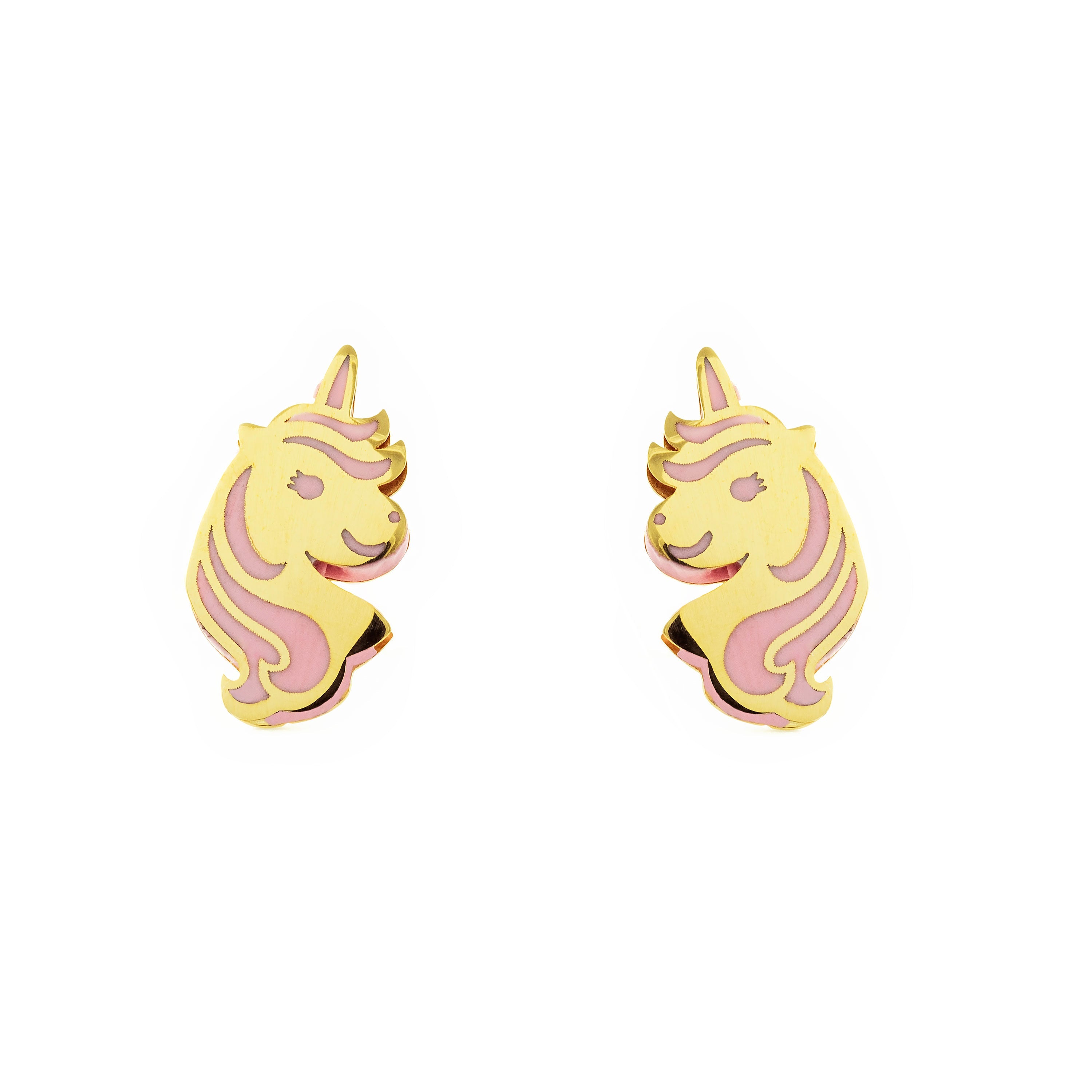 Pendientes Niña Oro Amarillo 9K Unicornio Esmalte Rosa Brillo