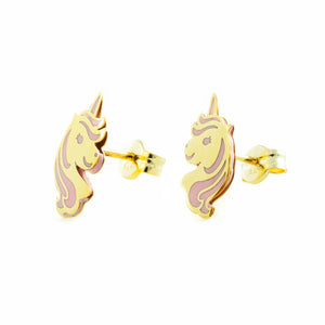 Pendientes Niña oro Unicornio mediano Esmalte rosa