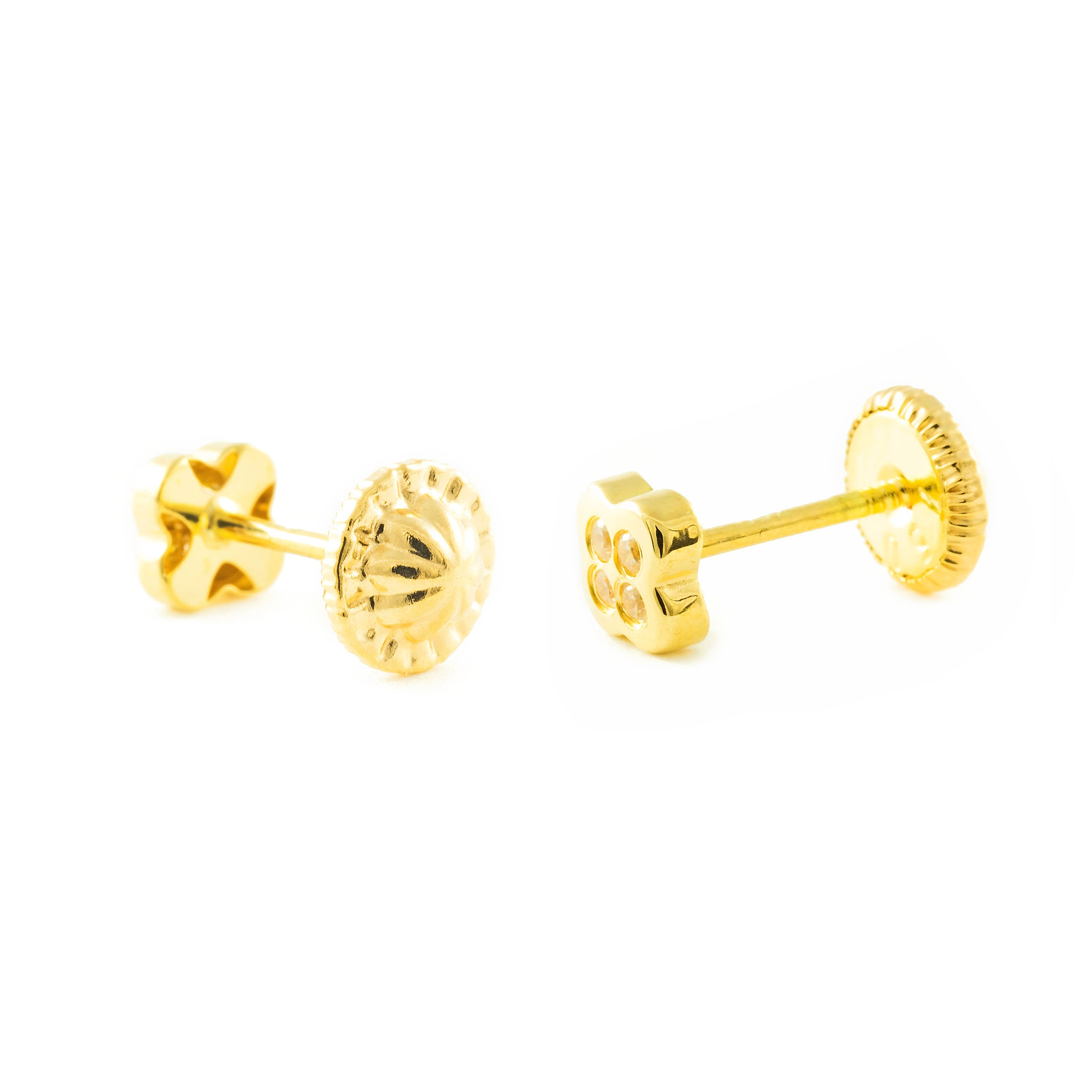 Pendientes Bebe Oro Amarillo mni Flor 4 Petalos con Circonitas