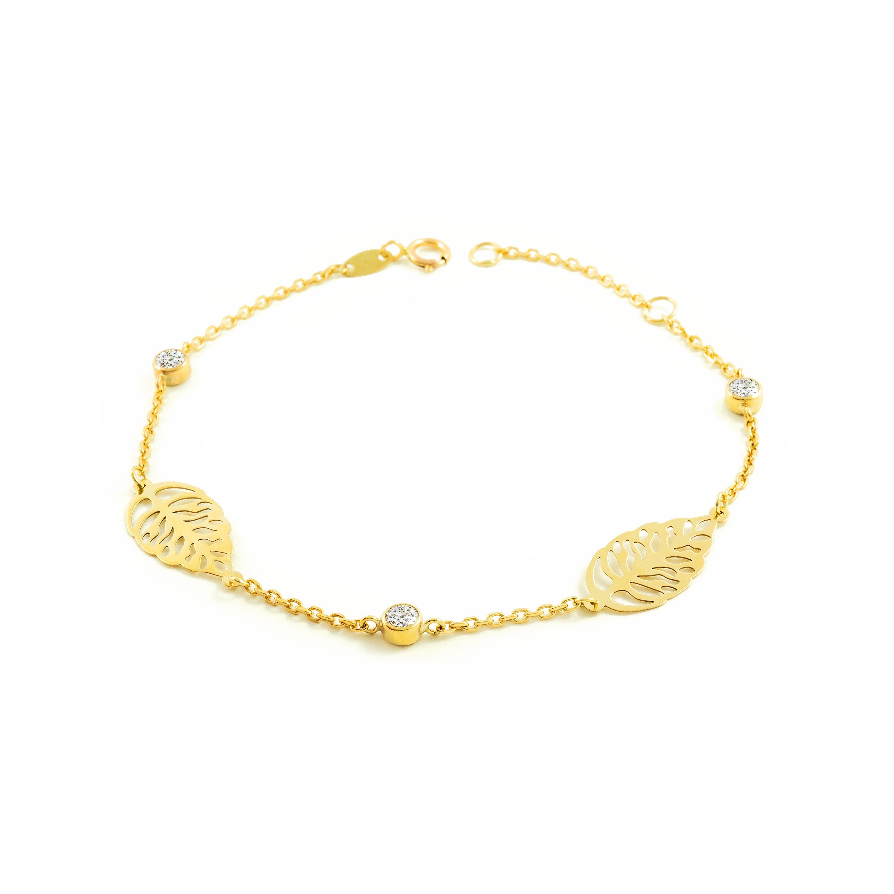 Woman-Girl Bracelet 9K Yellow Gold Shiny Zirconia Leaves 18 cm