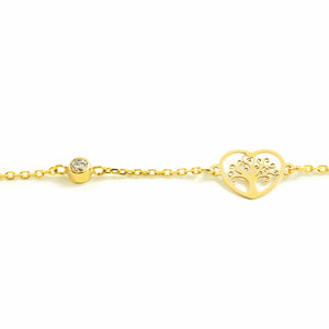 Pulsera Oro corazones con arbol de la vida calados y chatones (9kts)