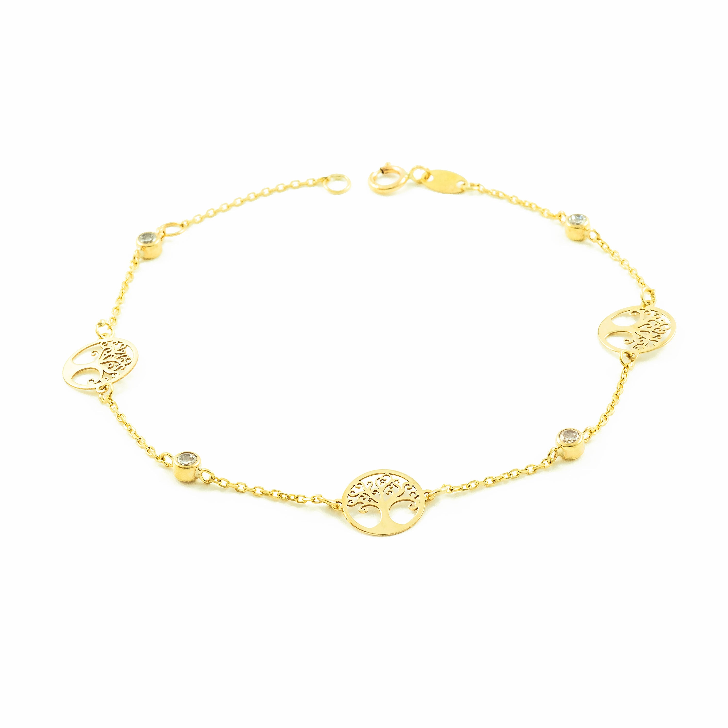 Woman-Girl Bracelet 9K Yellow Gold Tree of Life Shiny Zirconia 18 cm