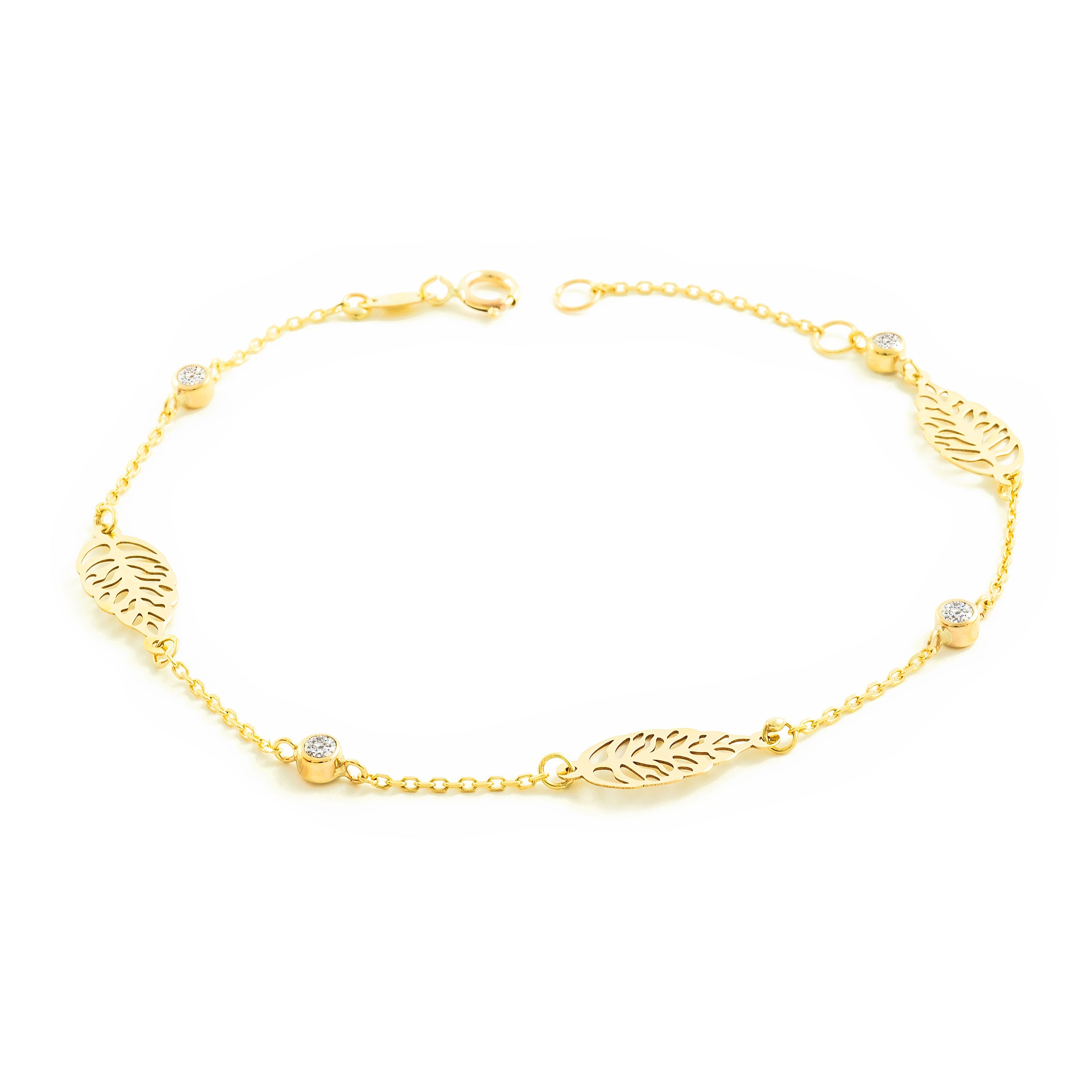 Woman-Girl Bracelet 9K Yellow Gold Shiny Zirconia Leaves 18 cm