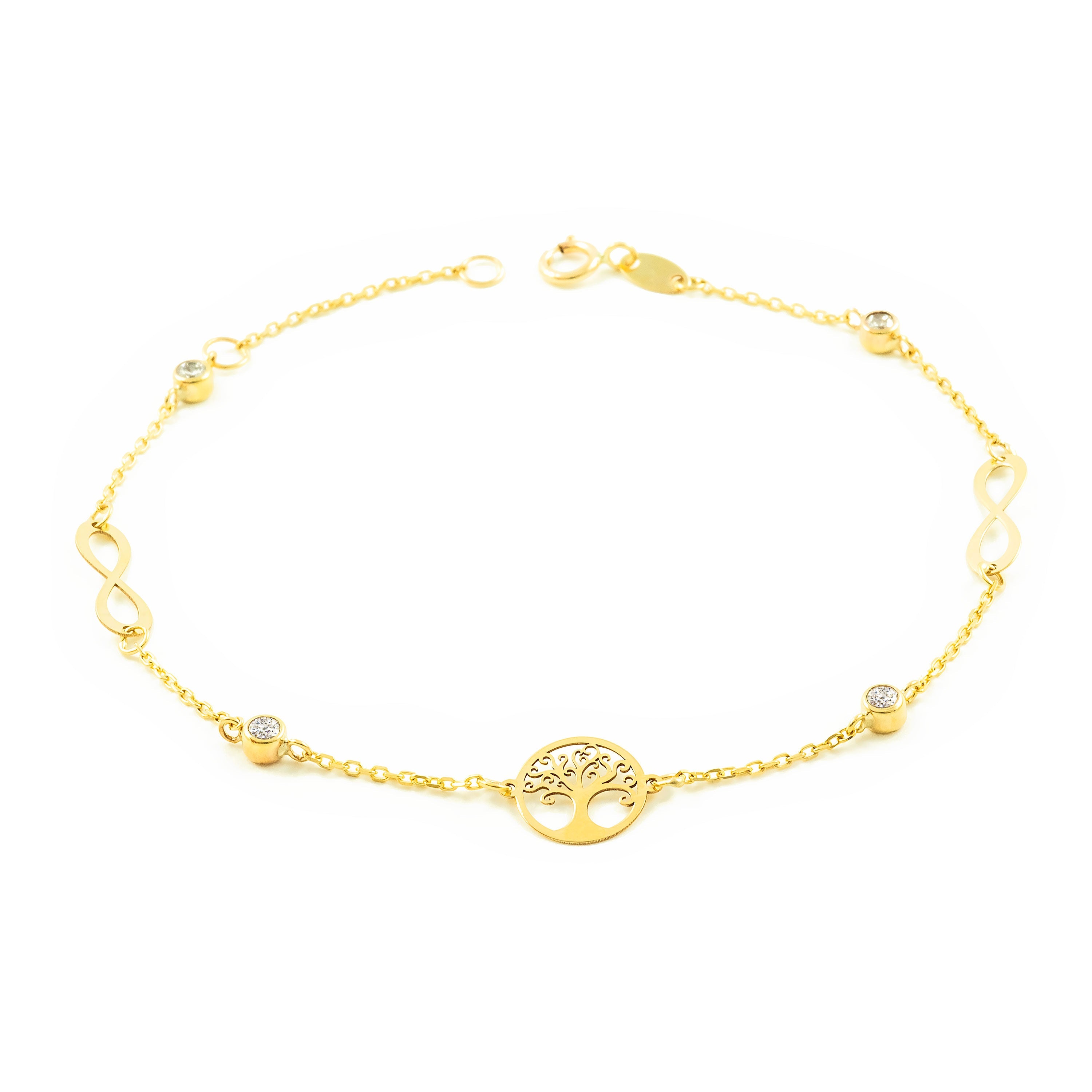 Woman-Girl Bracelet 9K Yellow Gold Tree of Life Shiny Zirconia 18 cm