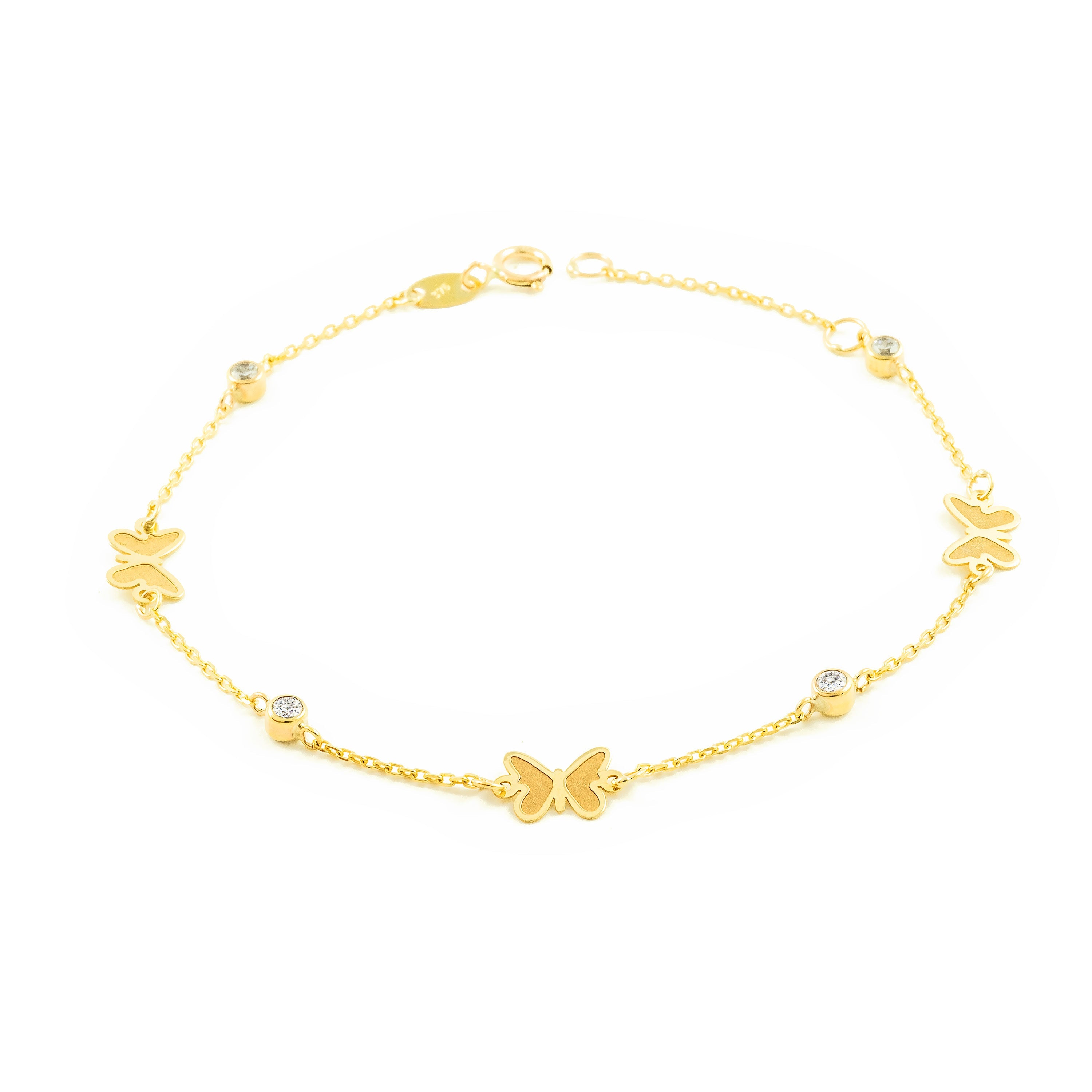 Woman-Girl 9K Yellow Gold Bracelet with Matte and Shiny Zirconia Butterflies 18 cm