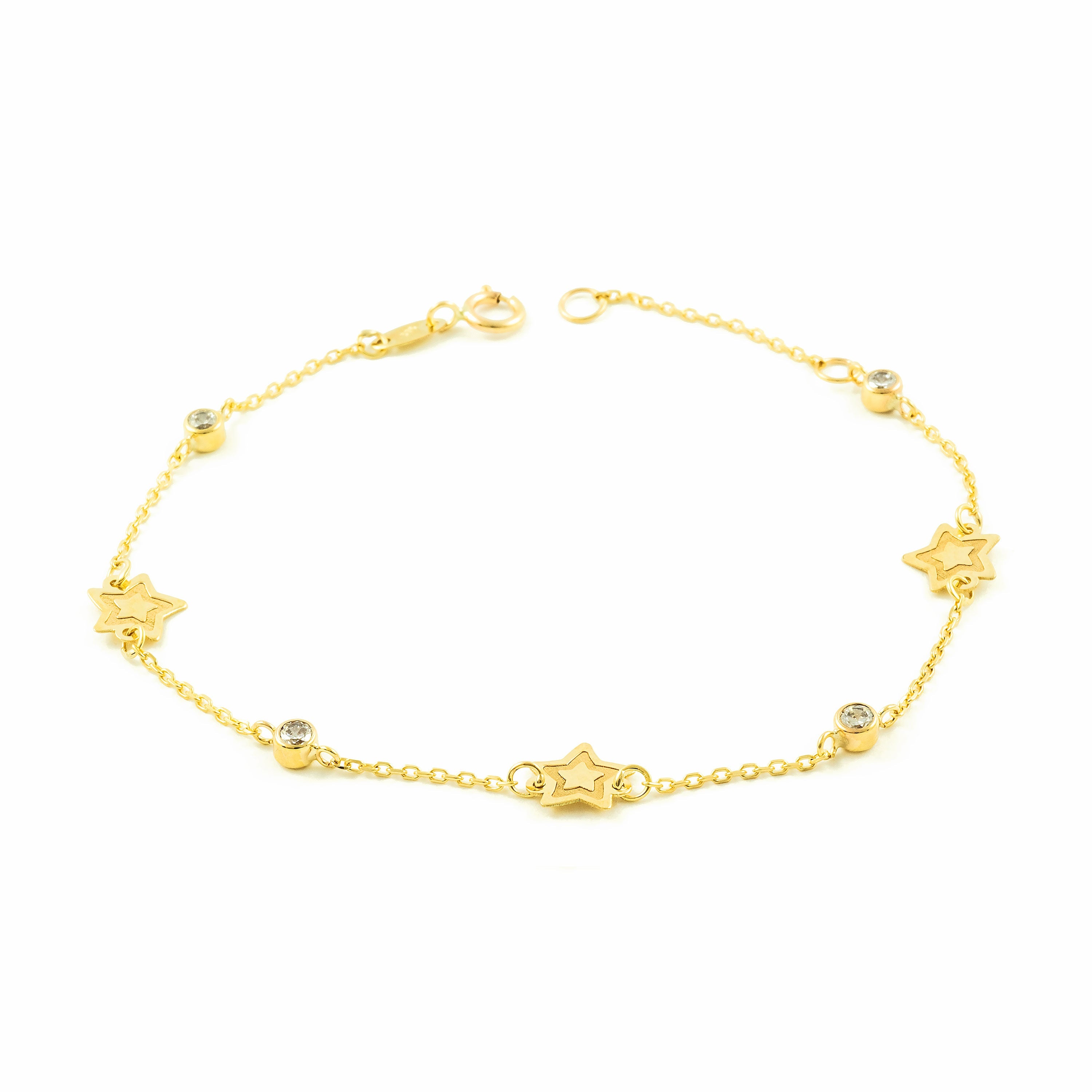 Woman-Girl Bracelet 9K Yellow Gold Stars Matte and Shiny Zirconia 18 cm