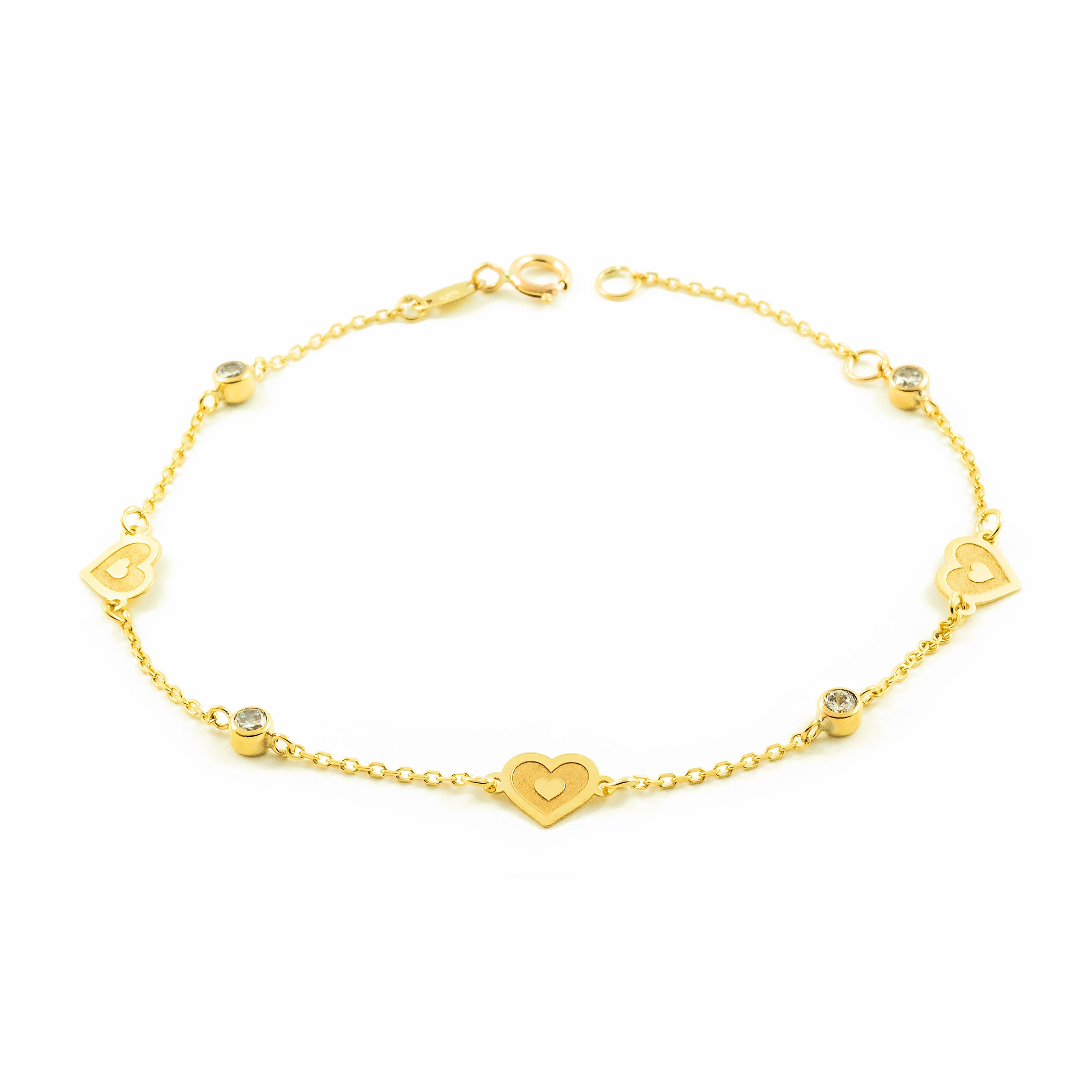 Woman-Girl Bracelet 9K Yellow Gold Hearts Matte and Shiny Zirconia 18 cm