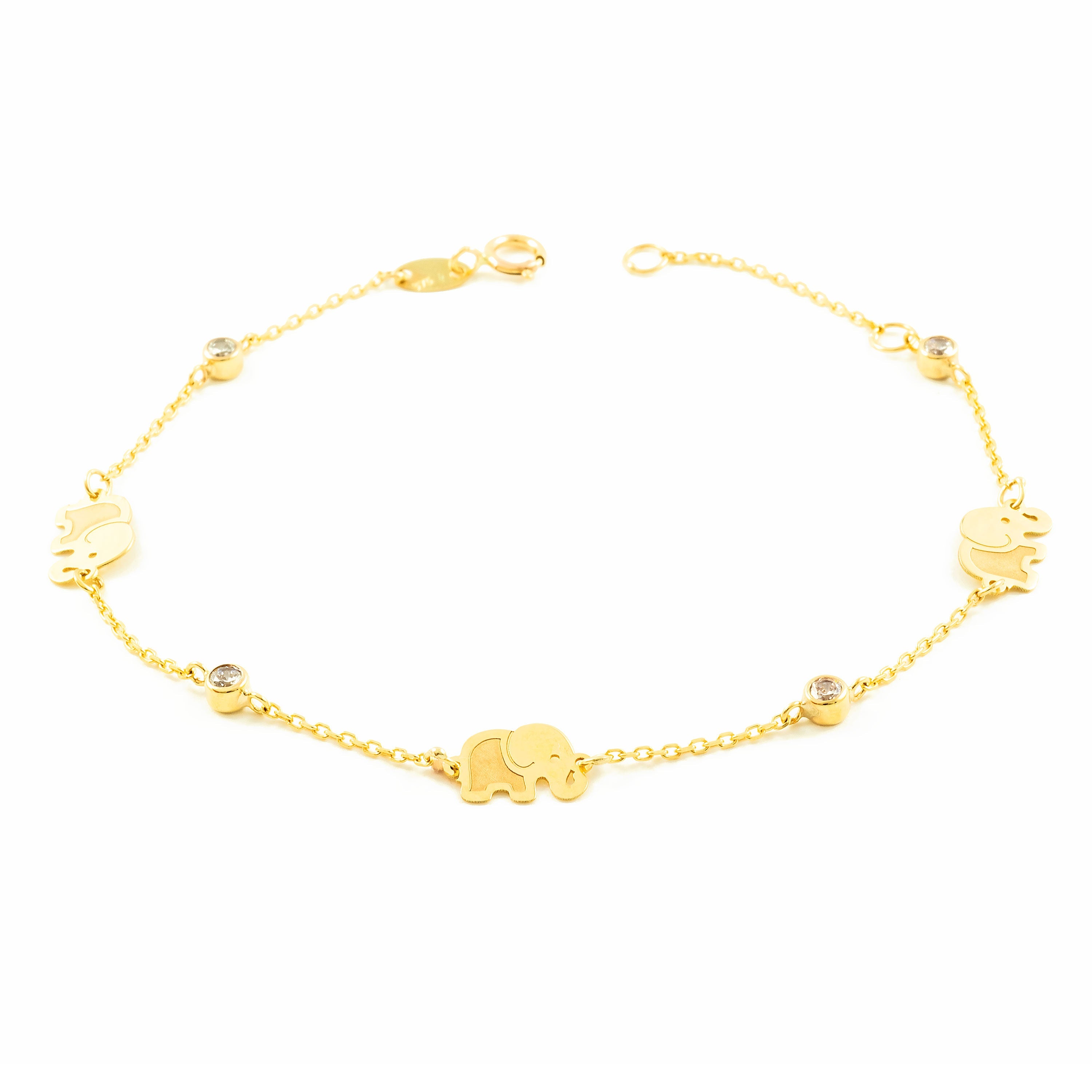 Woman-Girl Bracelet 9K Yellow Gold Elephants Matte and Shiny Zirconia 18 cm