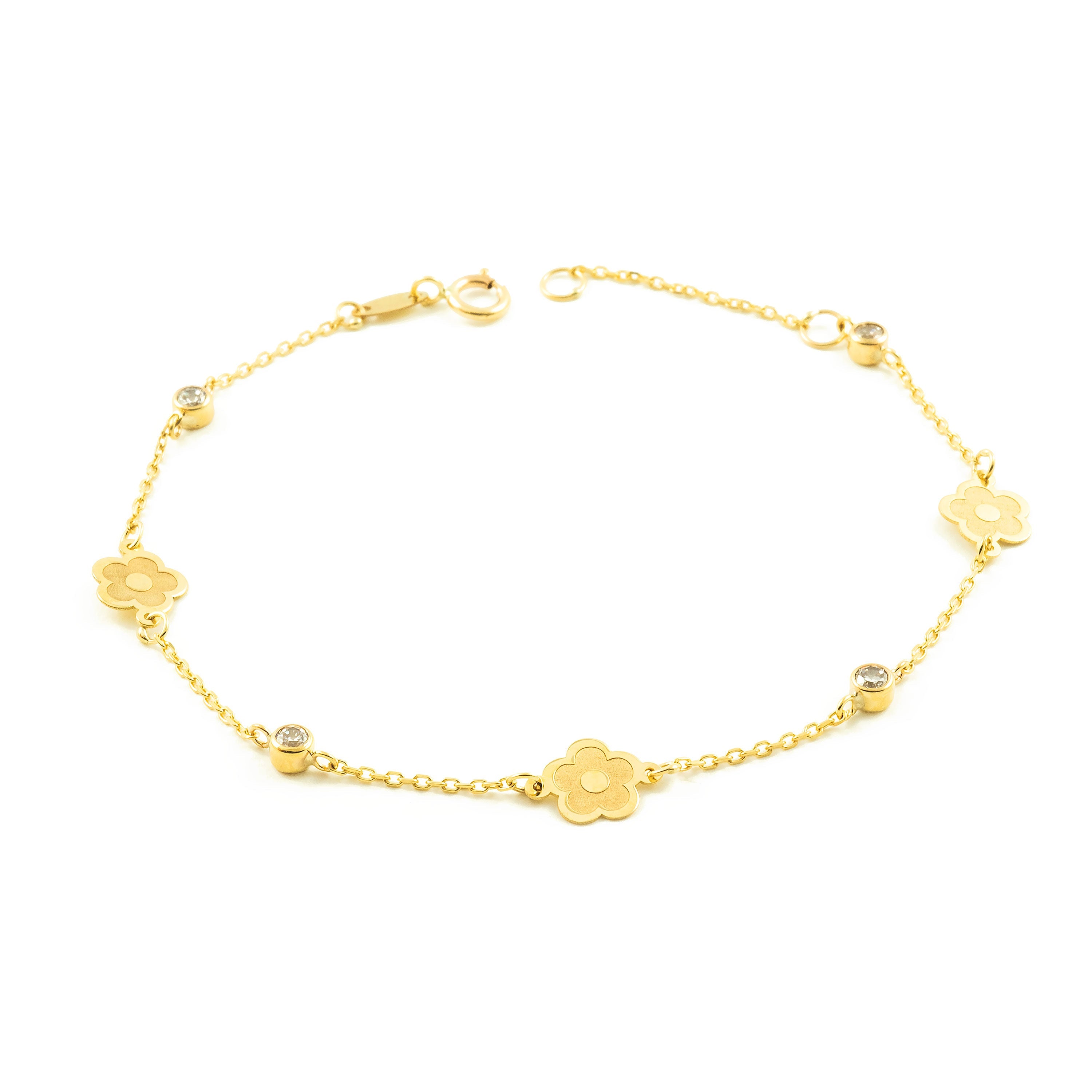 Woman-Girl Bracelet 9K Yellow Gold Flowers Matte and Shiny Zirconia 18 cm