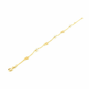 Pulsera Oro amarillo corazones mate y brillo con perlas (9kts)