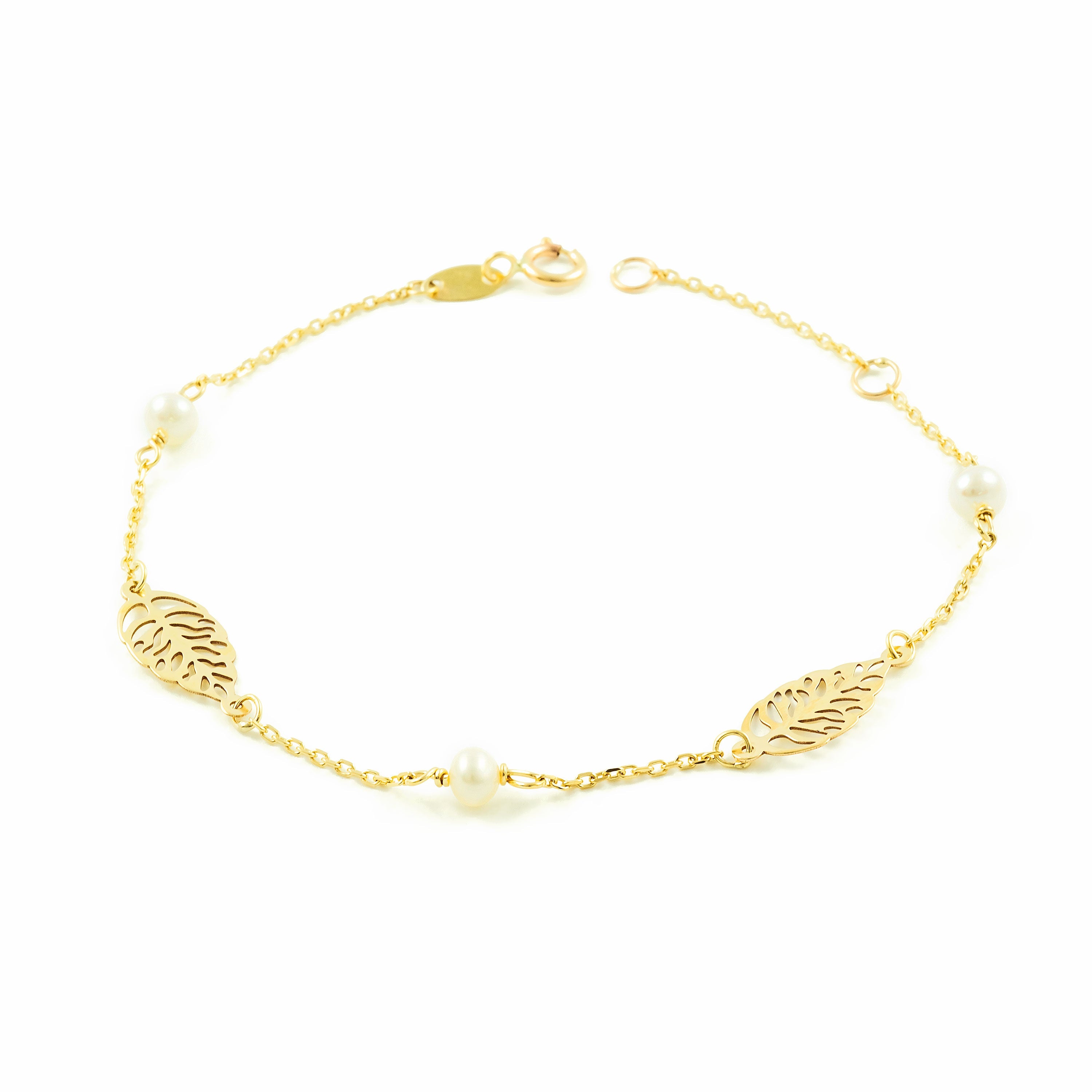 Woman-Girl Bracelet 9K Yellow Gold Round Pearl 3.5 mm Shiny Leaves 18 cm