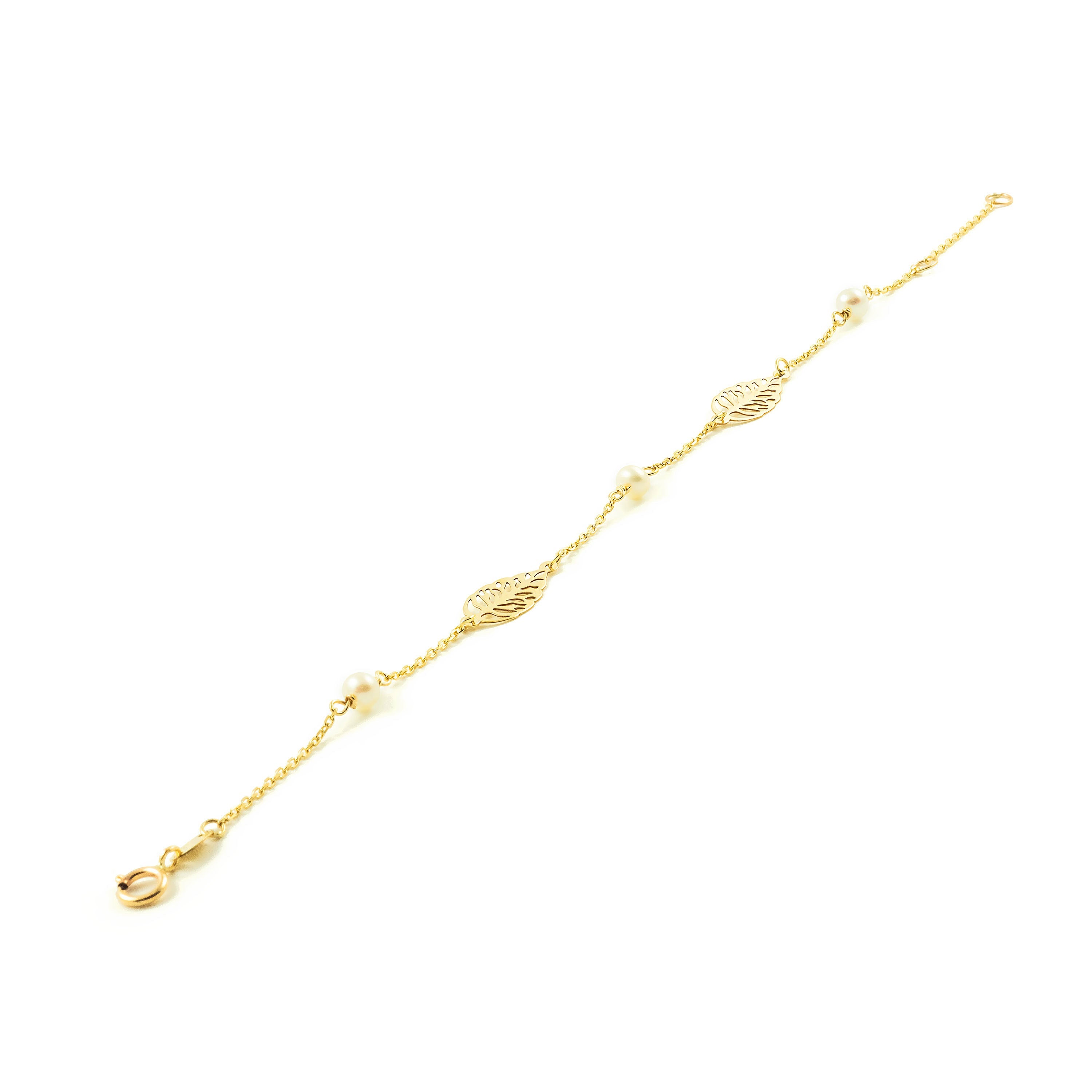 Pulsera oro hojas caladas y perlas (9Kts)