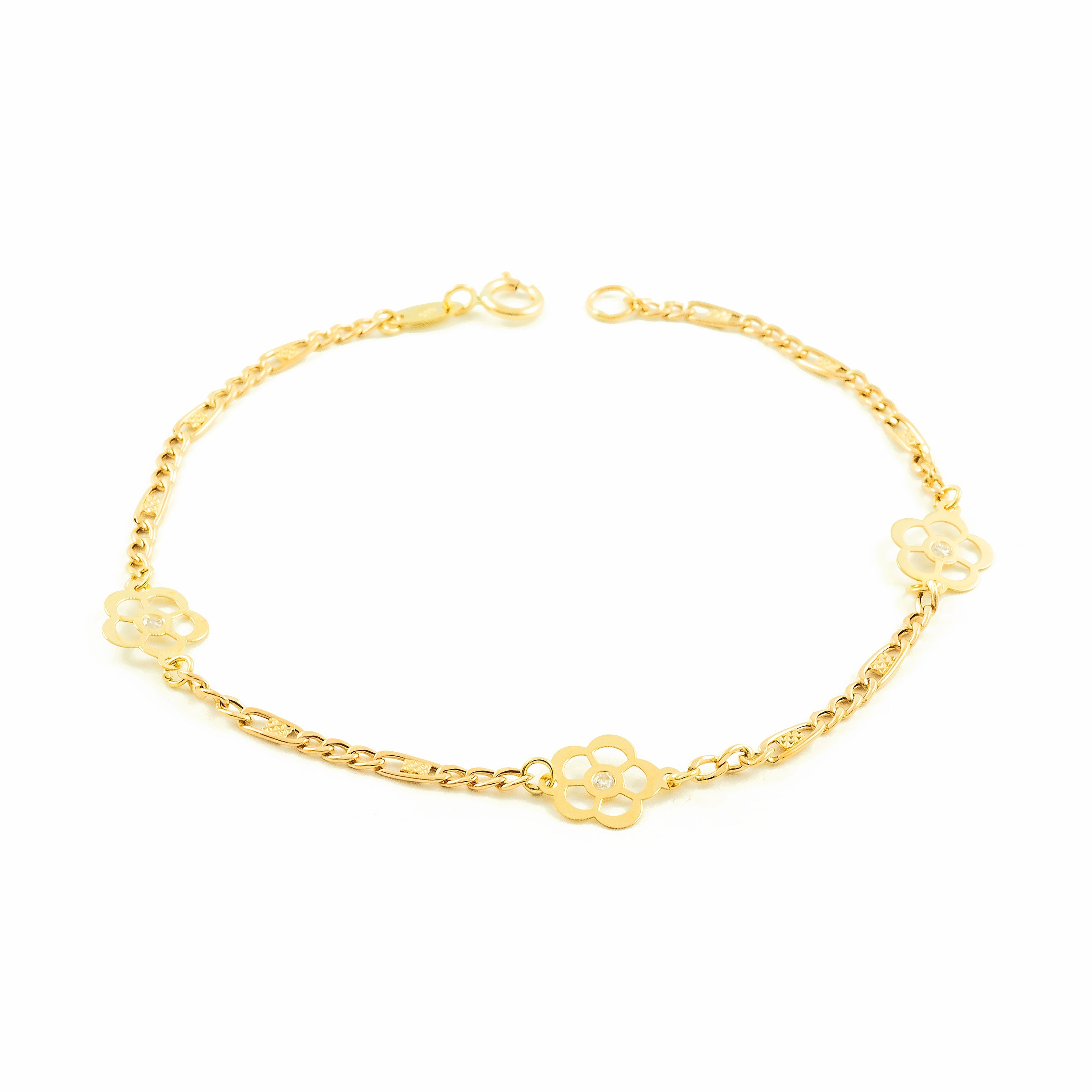 Girl's Bracelet 9K Yellow Gold Shiny Zirconia Flowers 17 cm