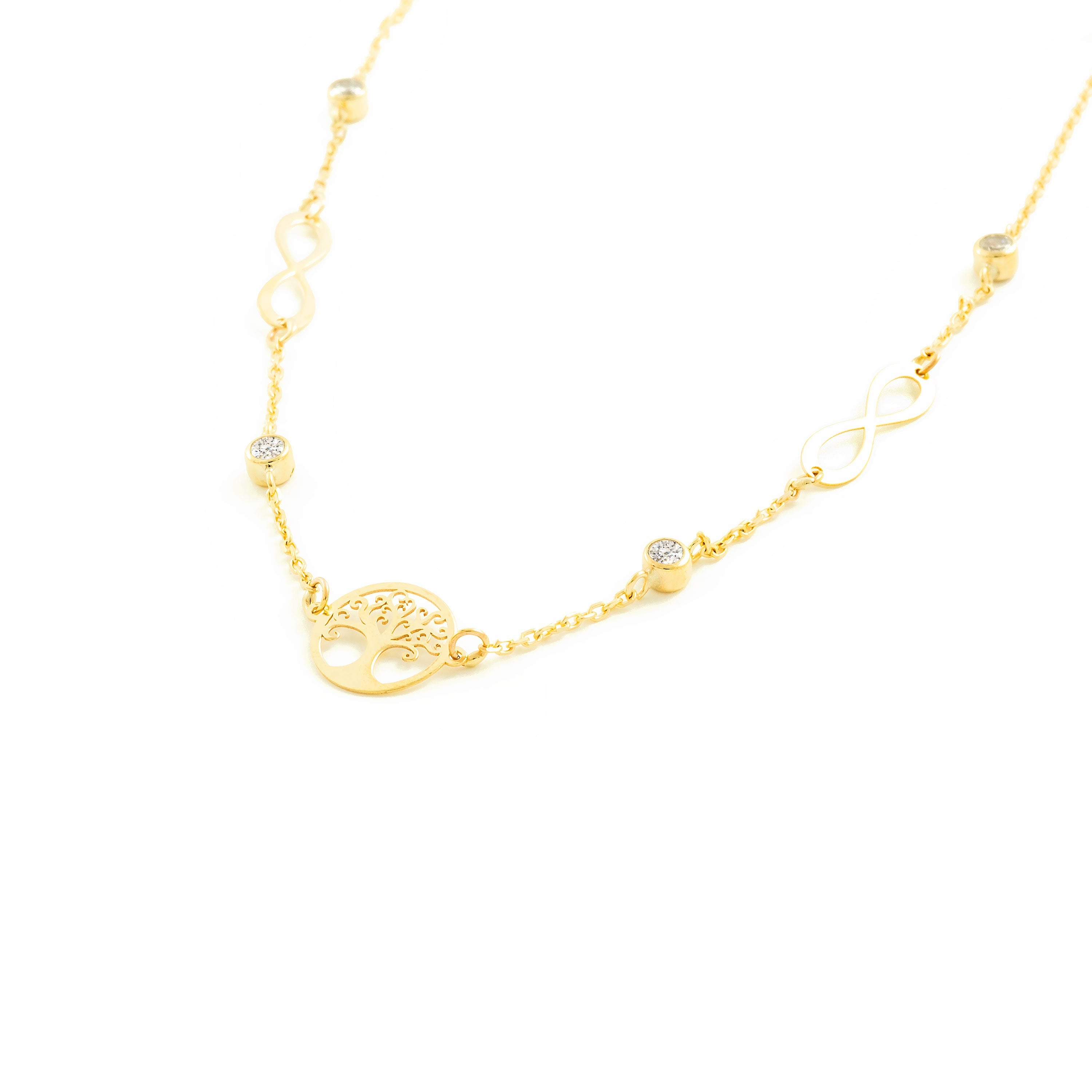 Women's Necklace 9K Yellow Gold Tree of Life Shiny Zirconia
