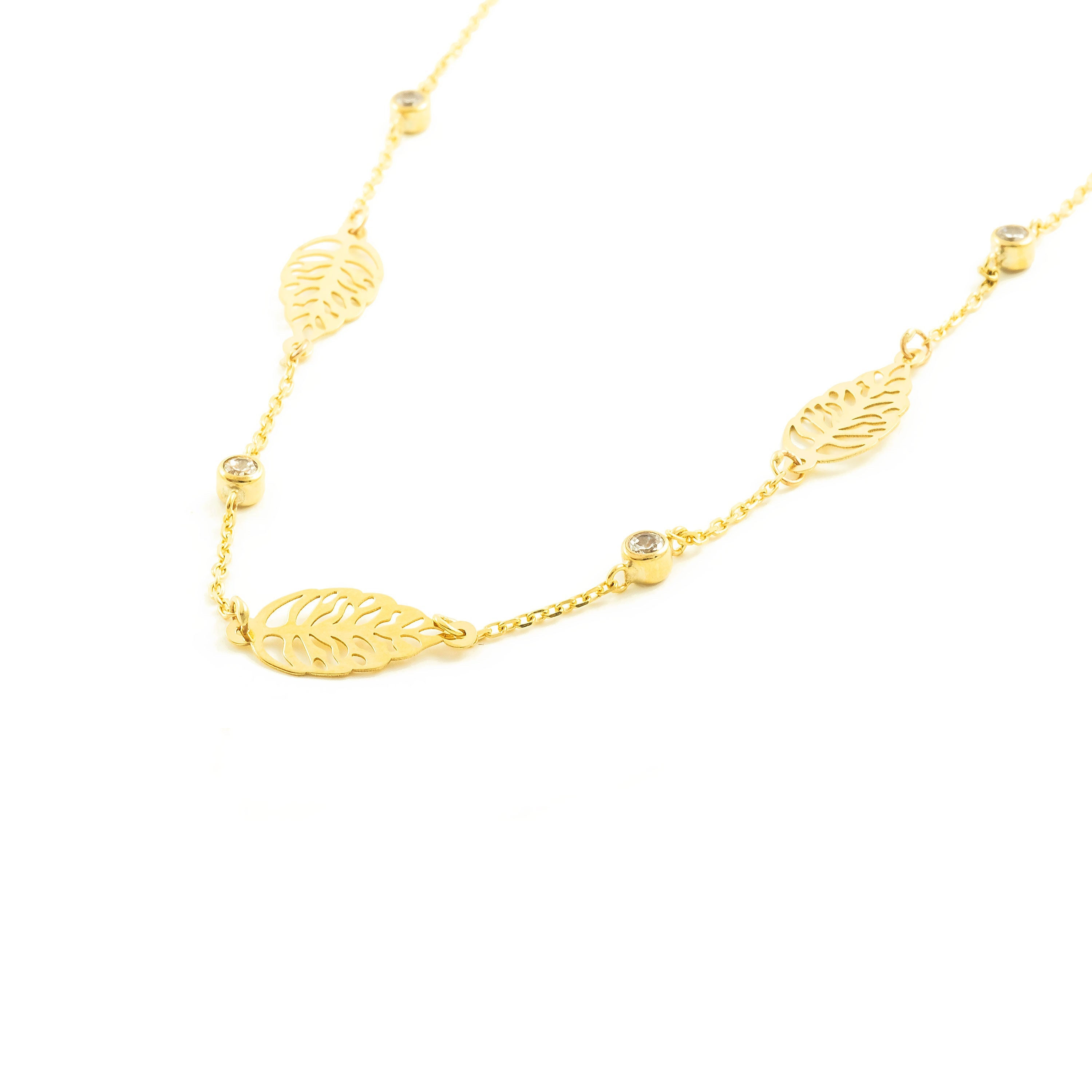 9K Yellow Gold Women's Necklace Shiny Zirconia Leaves