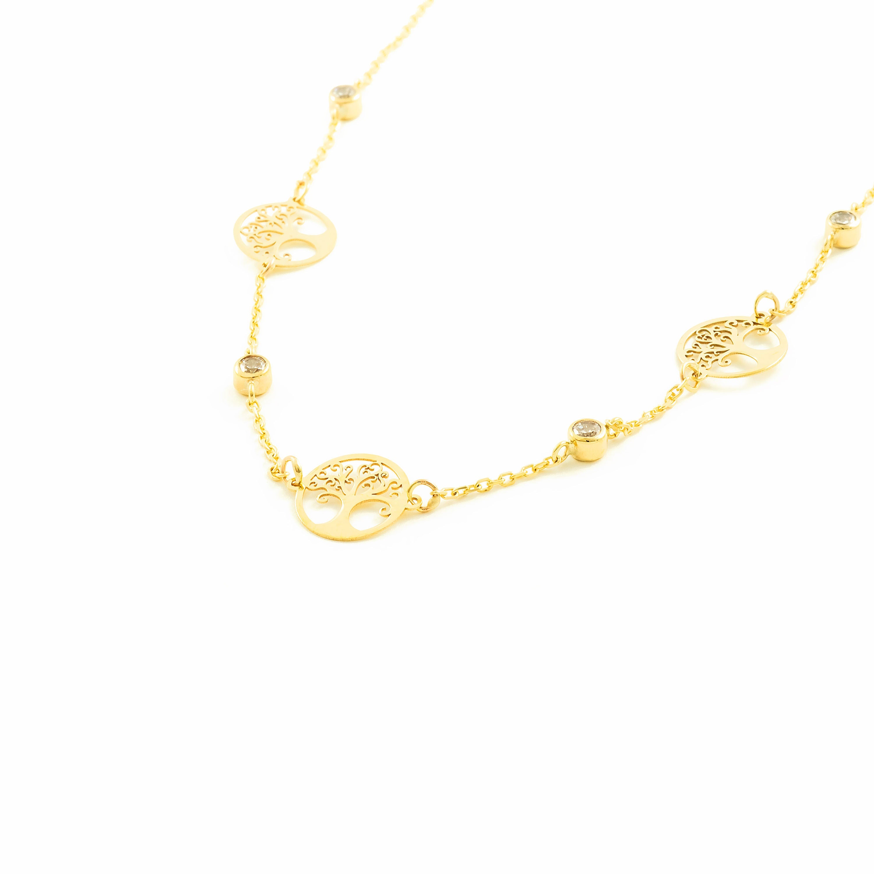 Women's Necklace 9K Yellow Gold Tree of Life Shiny Zirconia