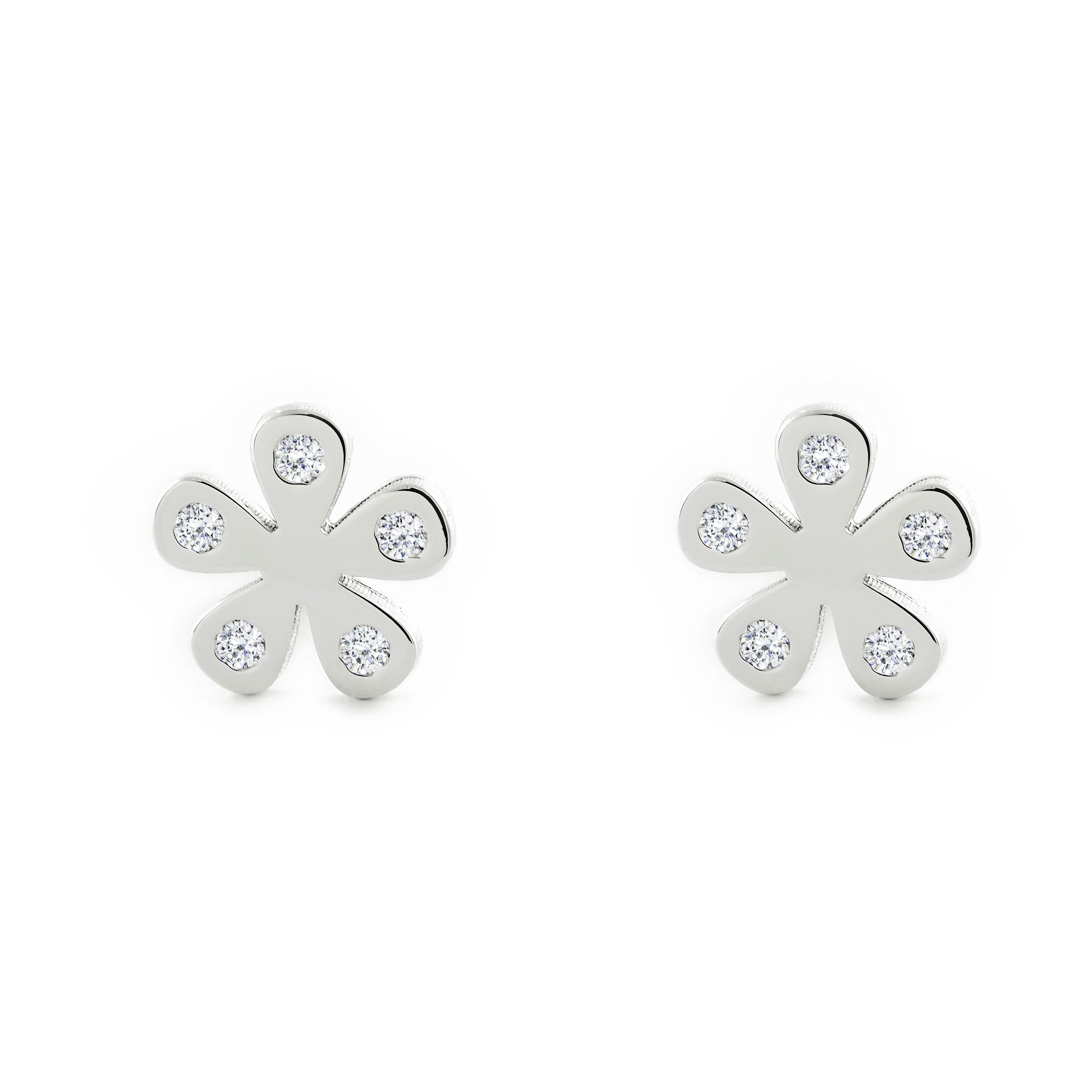 Pendientes Niña Oro Blanco 9K Flor Circonitas Brillo