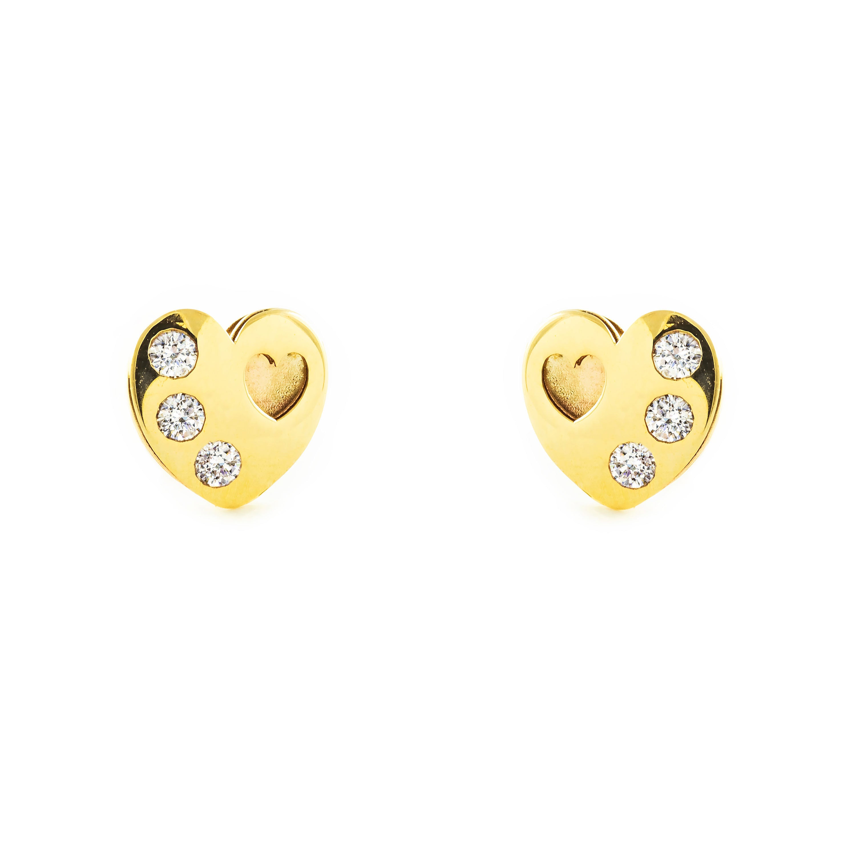 Women's-Girl's Earrings 9K Yellow Gold Heart Shiny Zirconia