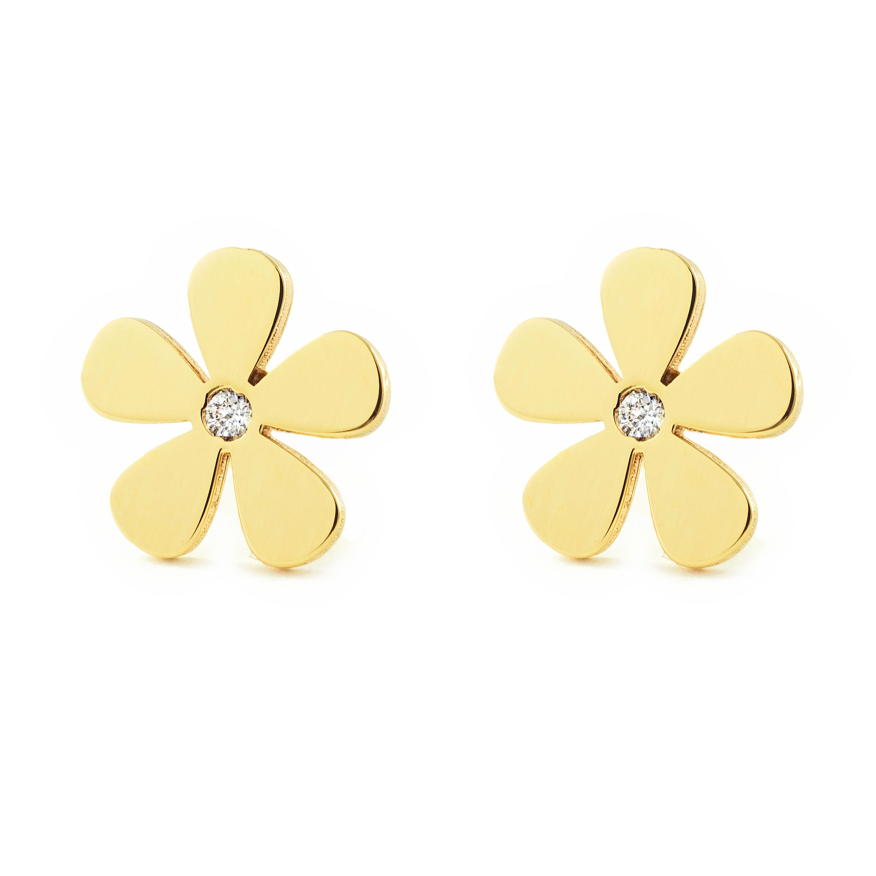 Women's-Girl's Earrings 9K Yellow Gold Shiny Zirconia Flower