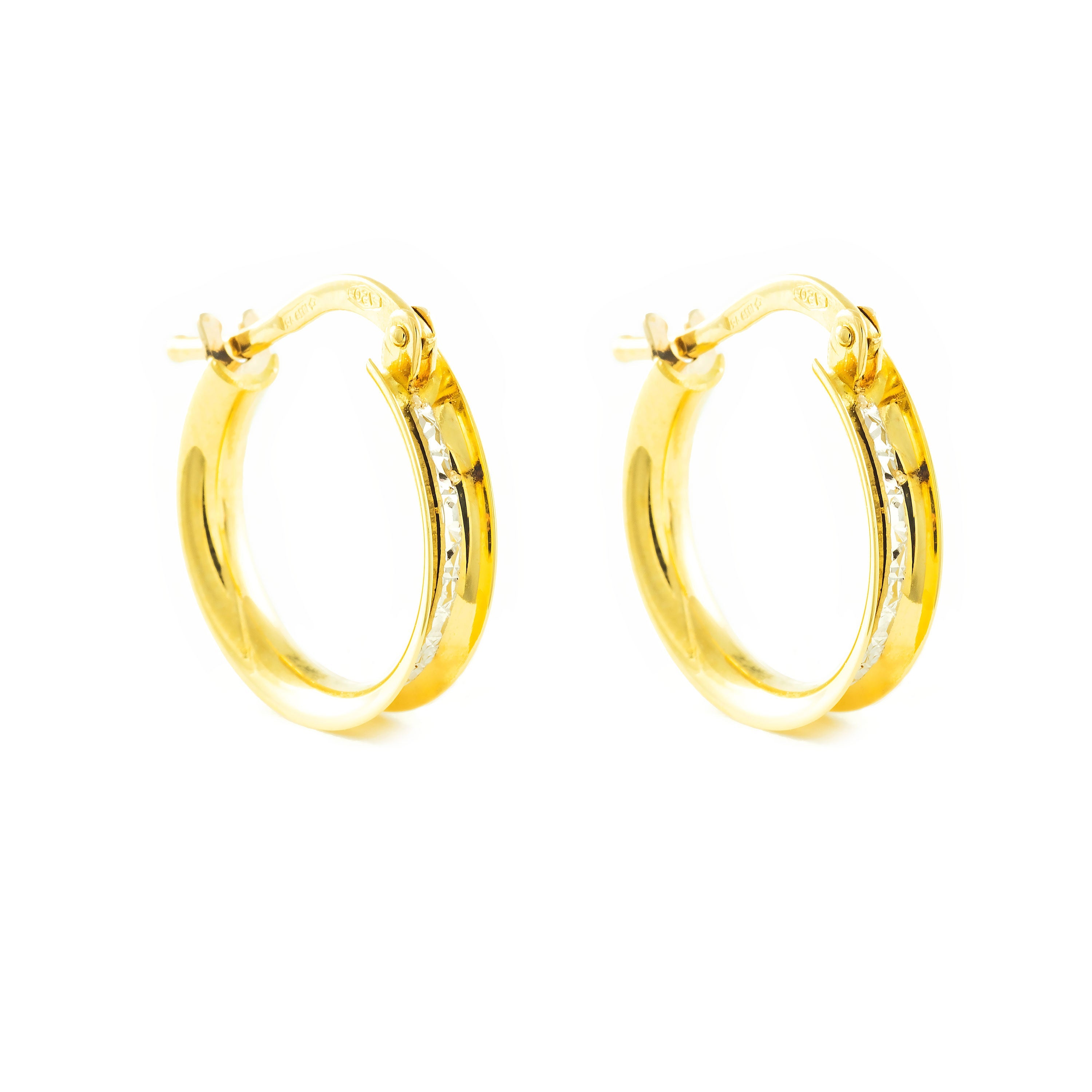 18K Bicolor Gold Earrings Shine and Texture Hoops 14 x 3 mm