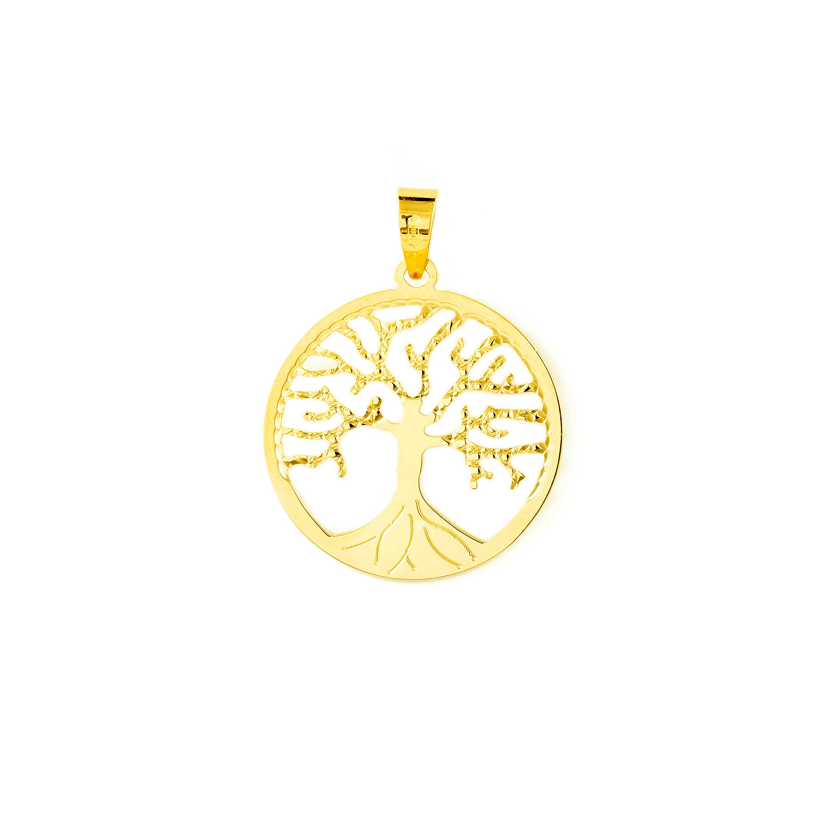 18K Yellow Gold Pendant Round Tree of Life Shine and Texture