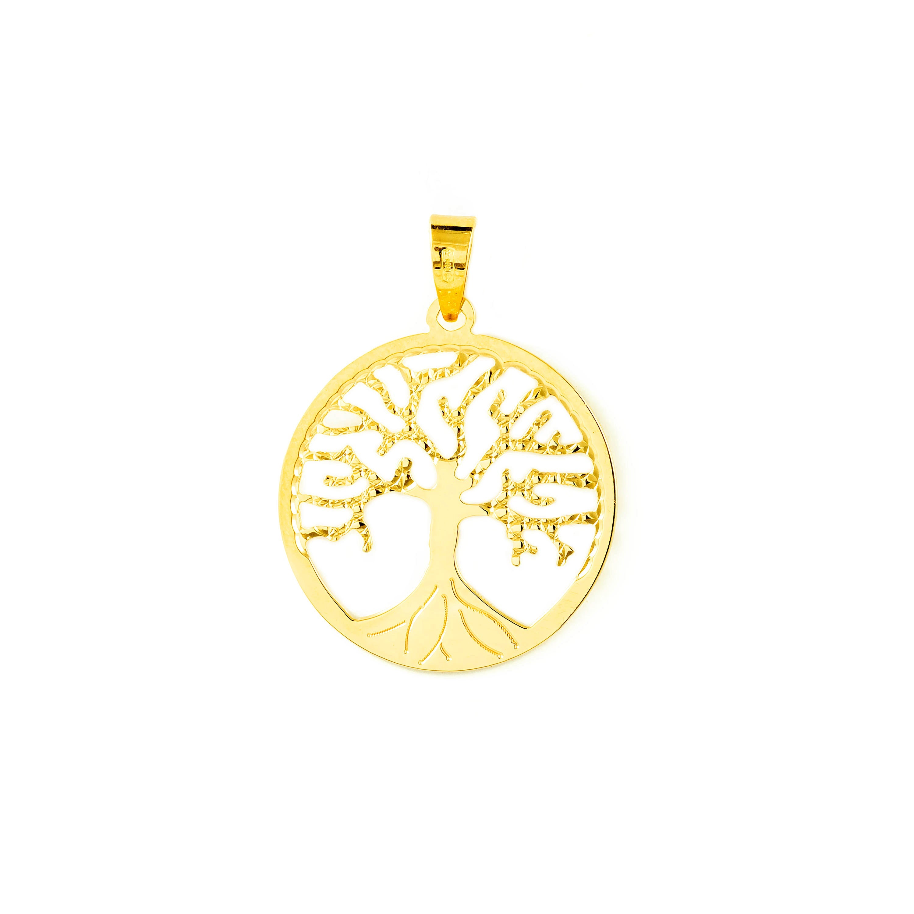 18K Yellow Gold Pendant Round Tree of Life Shine and Texture