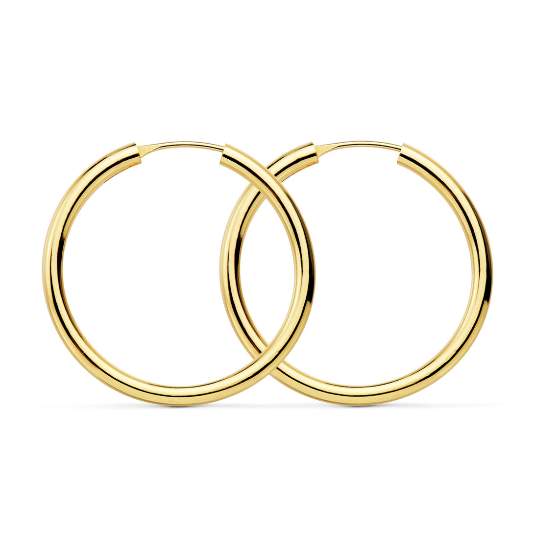 18K Yellow Gold Earrings Shiny Flexible Round Hoops 30 x 2 mm