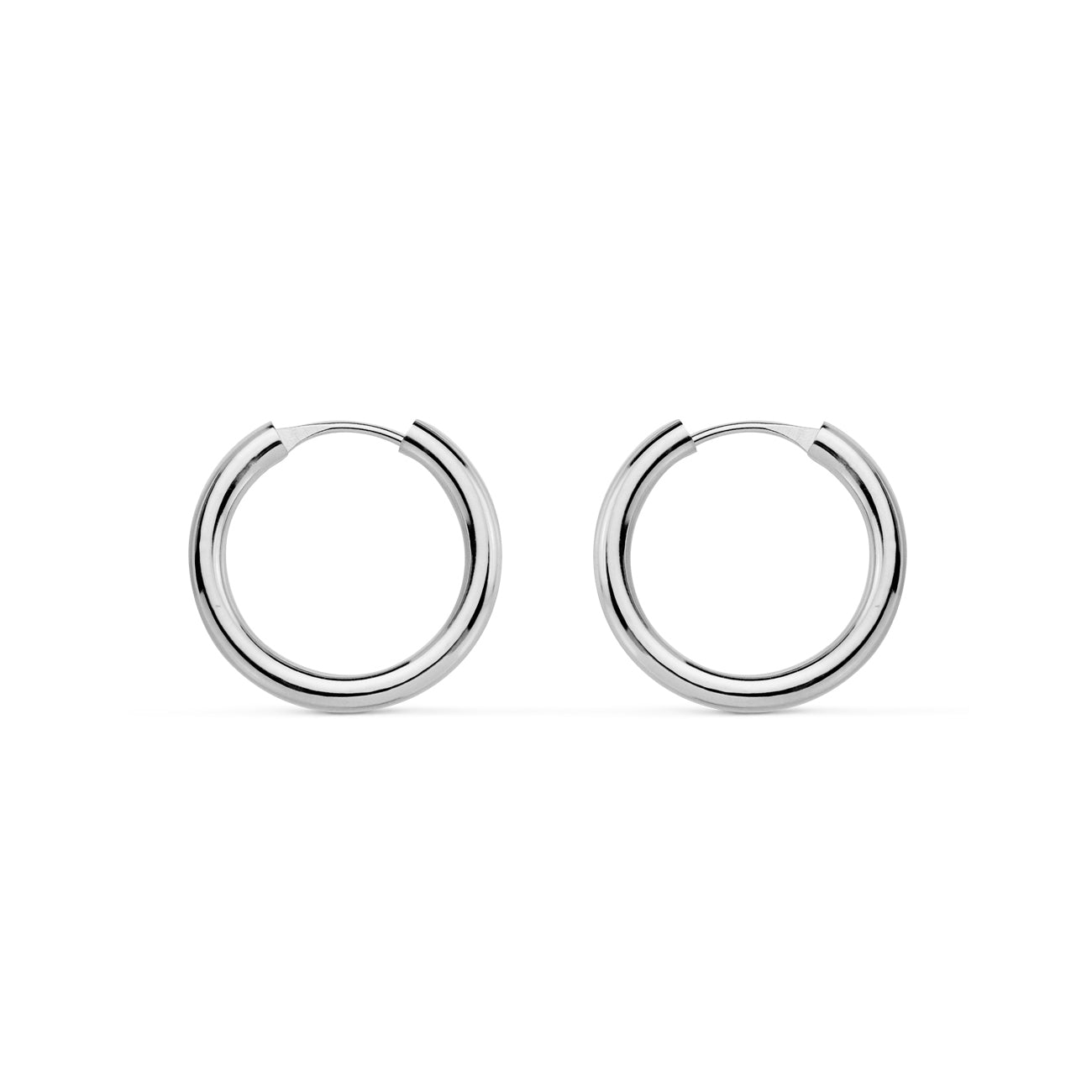 18K White Gold Earrings Shiny Flexible Round Hoops 12 x 1.5 mm