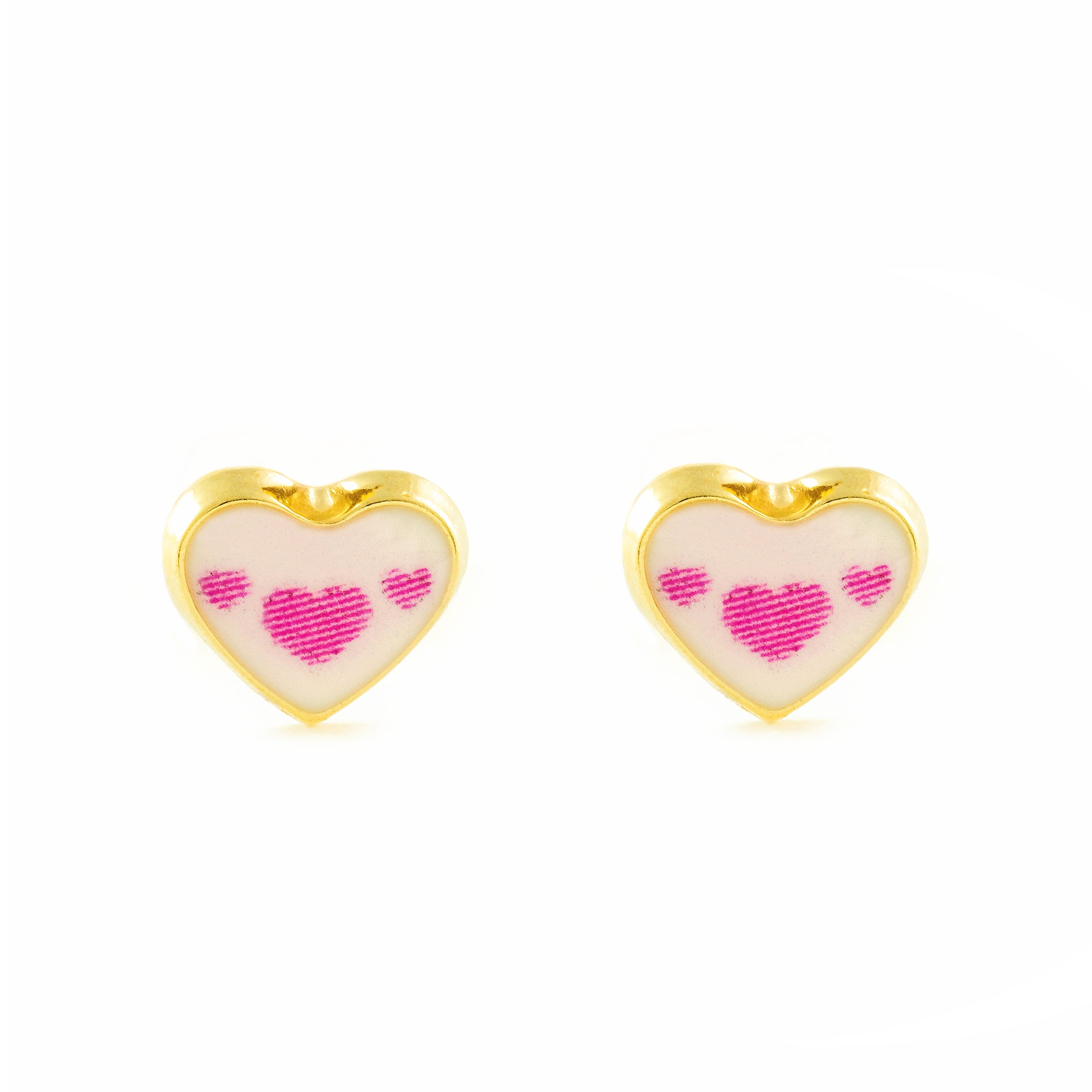 Pendientes Niña Oro Amarillo 9K Corazón Esmalte Rosa-Blanco Brillo