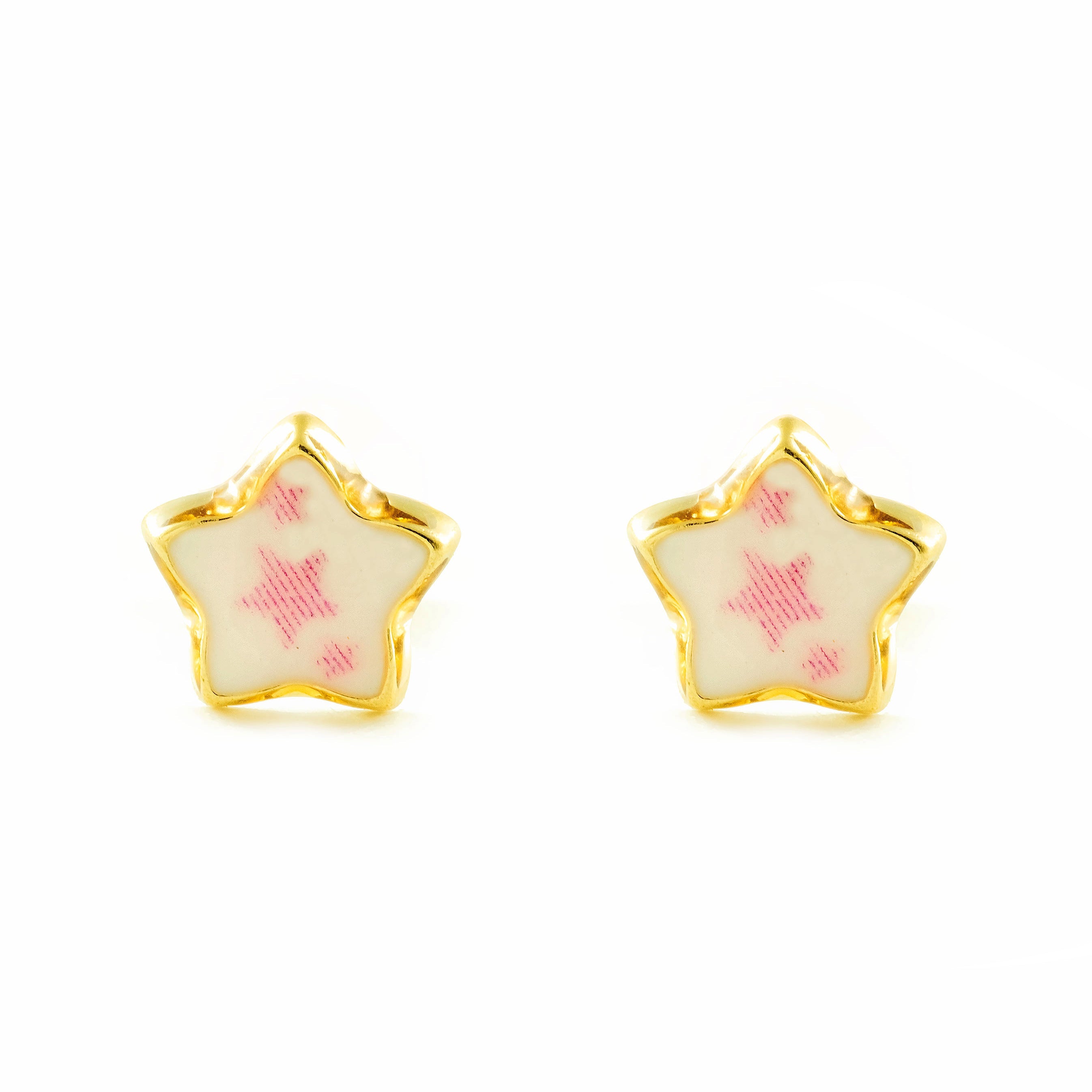 Pendientes Niña Oro Amarillo 9K Estrella Esmalte Rosa-Blanco Brillo