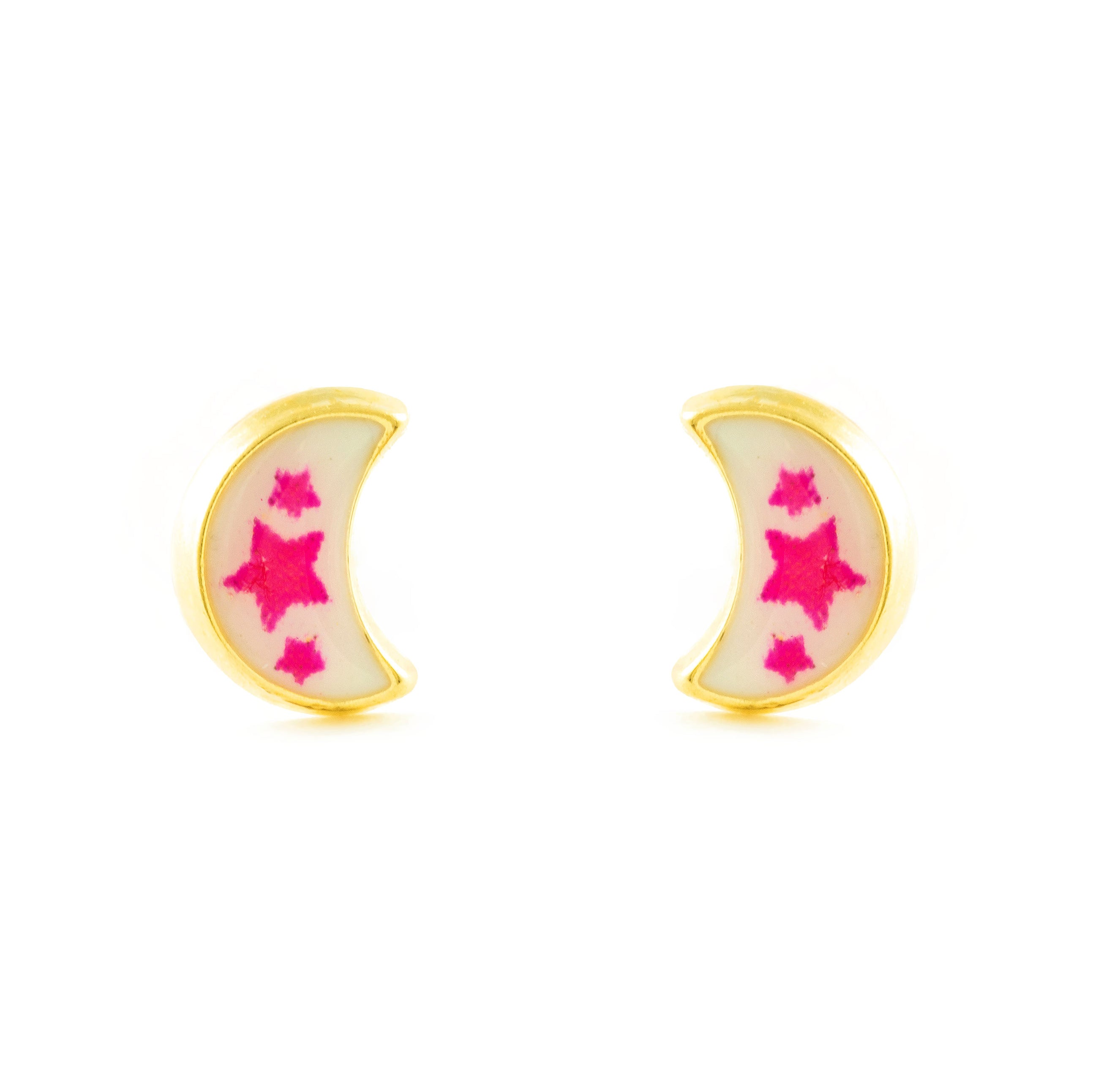 Pendientes Niña Oro Amarillo 9K Luna Esmalte Rosa-Blanco Brillo