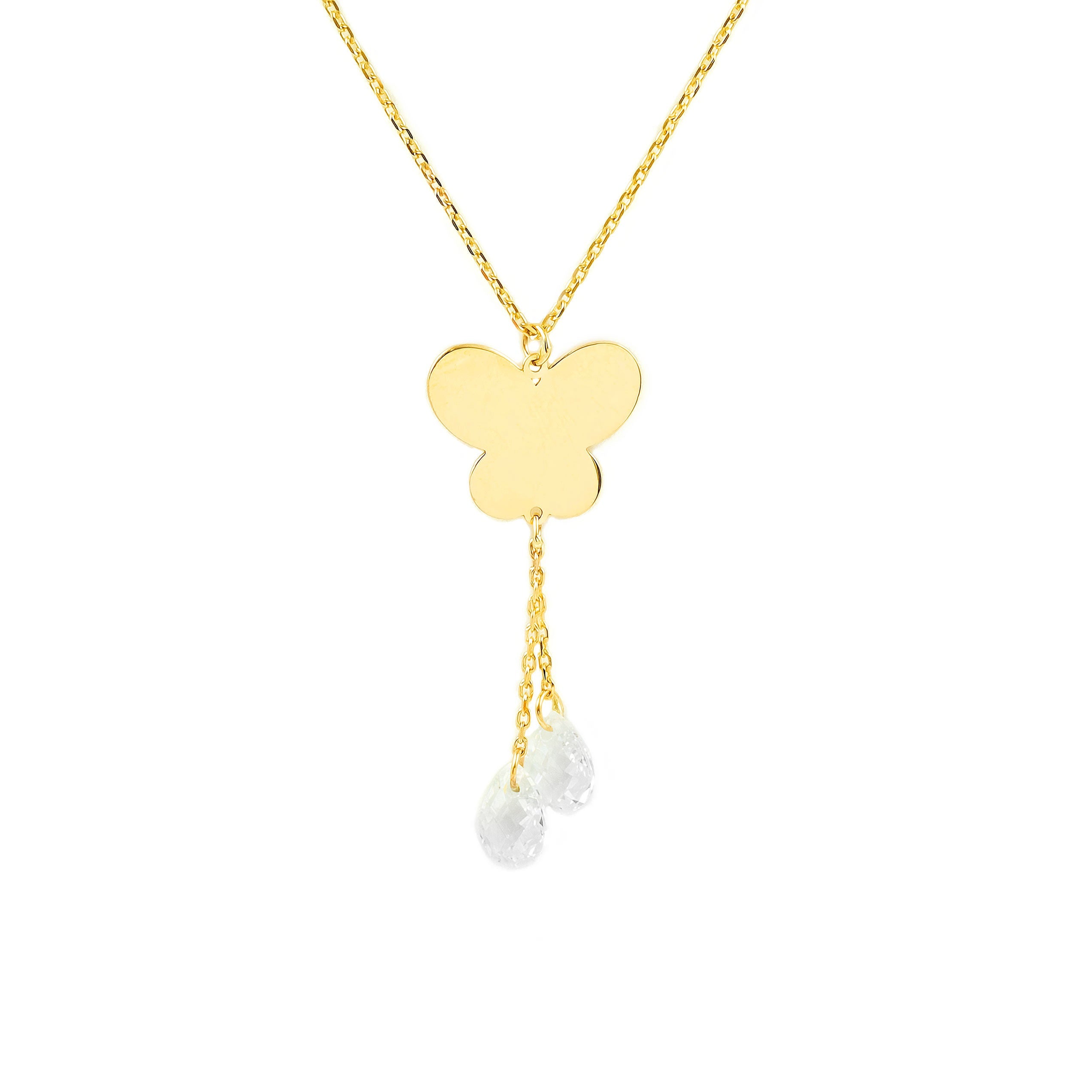 Women's Necklace 9K Yellow Gold Butterfly Shiny Zirconia