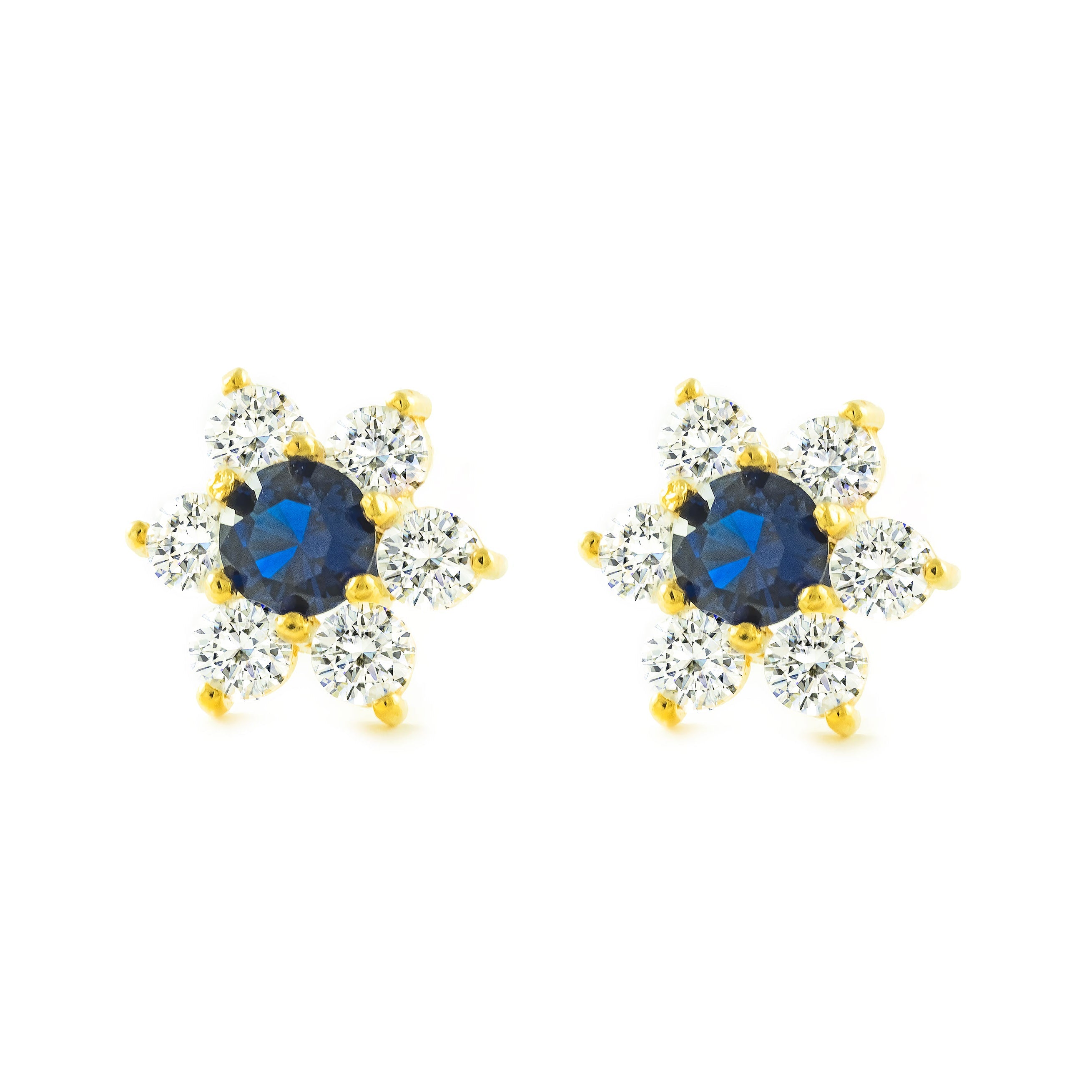 Women's-Girl's Earrings 9K Yellow Gold Shiny Sapphire Zirconia Flower