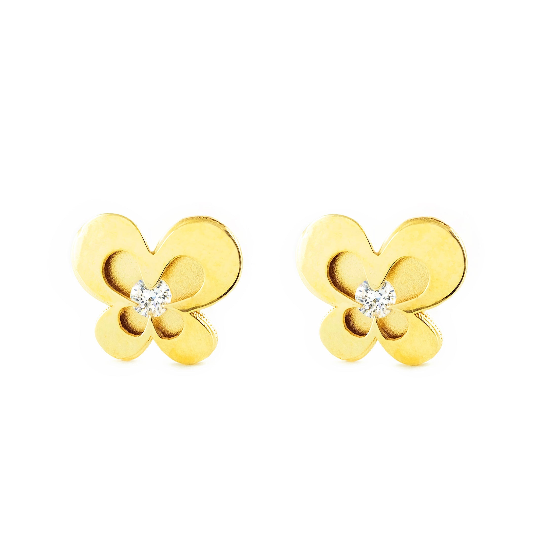 9K Yellow Gold Girl's Earrings Matte and Shiny Zirconia Butterfly